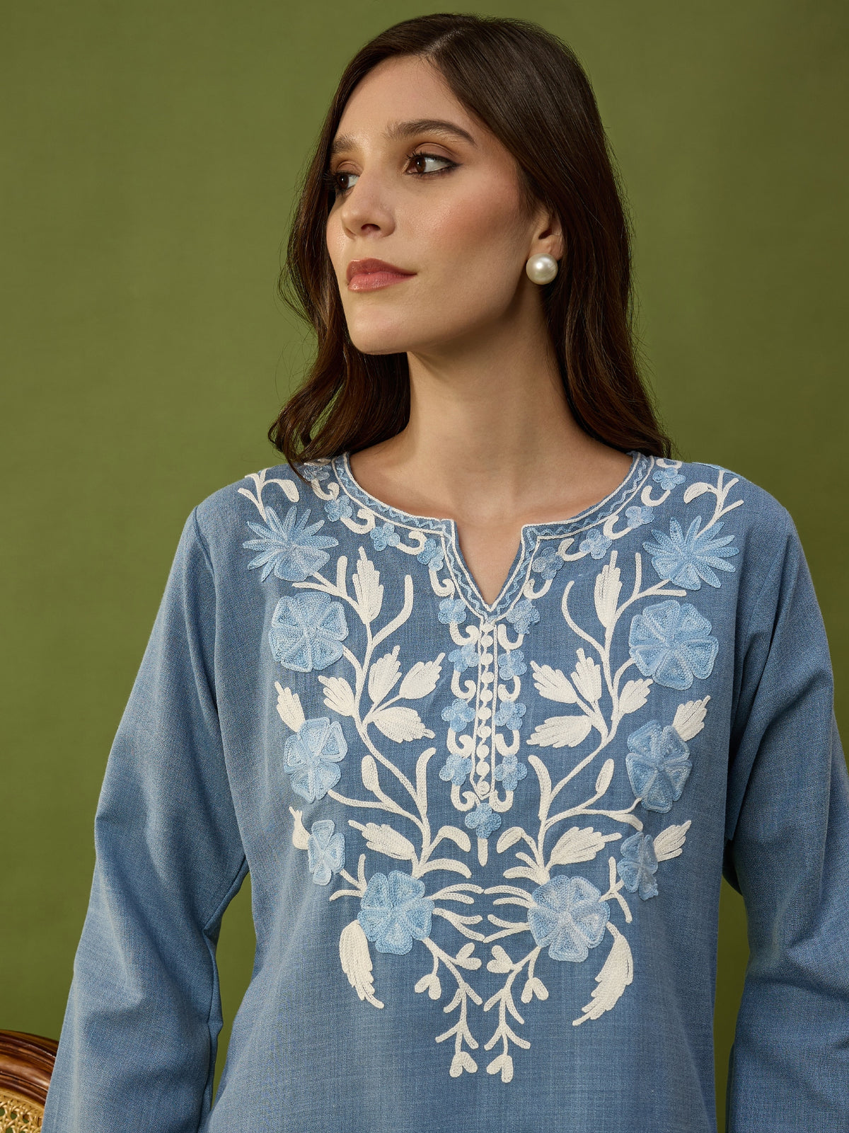 Aakifa Denim Cotton Aari Embroidery Kurta and Pants Coord Set