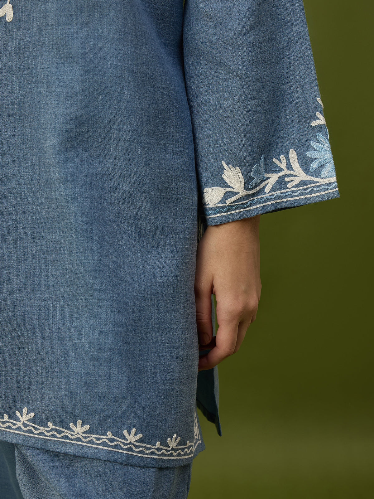 Aakifa Denim Cotton Aari Embroidery Kurta and Pants Coord Set