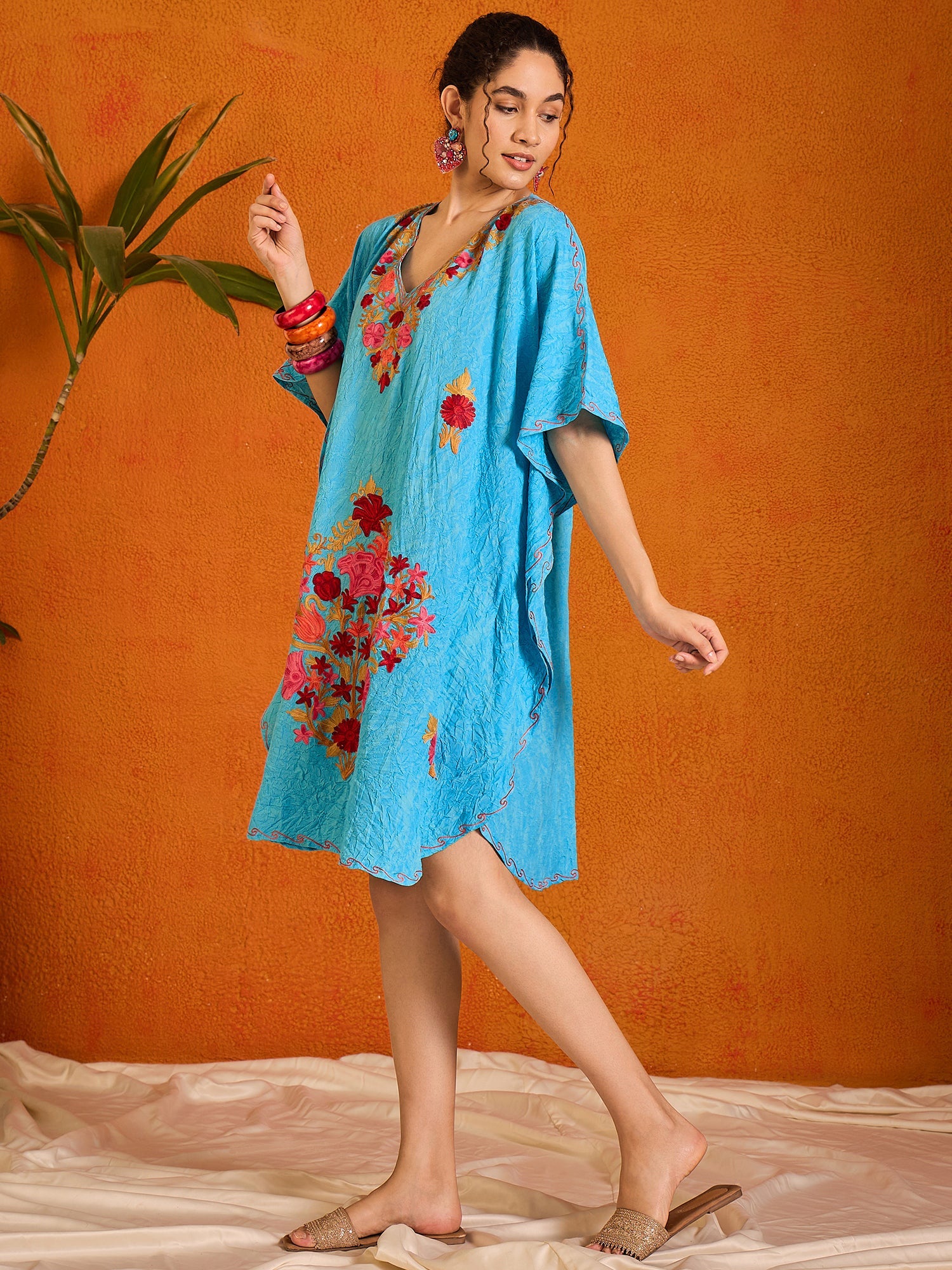 Aqua_Blue_Kashmiri_Short_Cotton_Kaftan_shop_Namastay