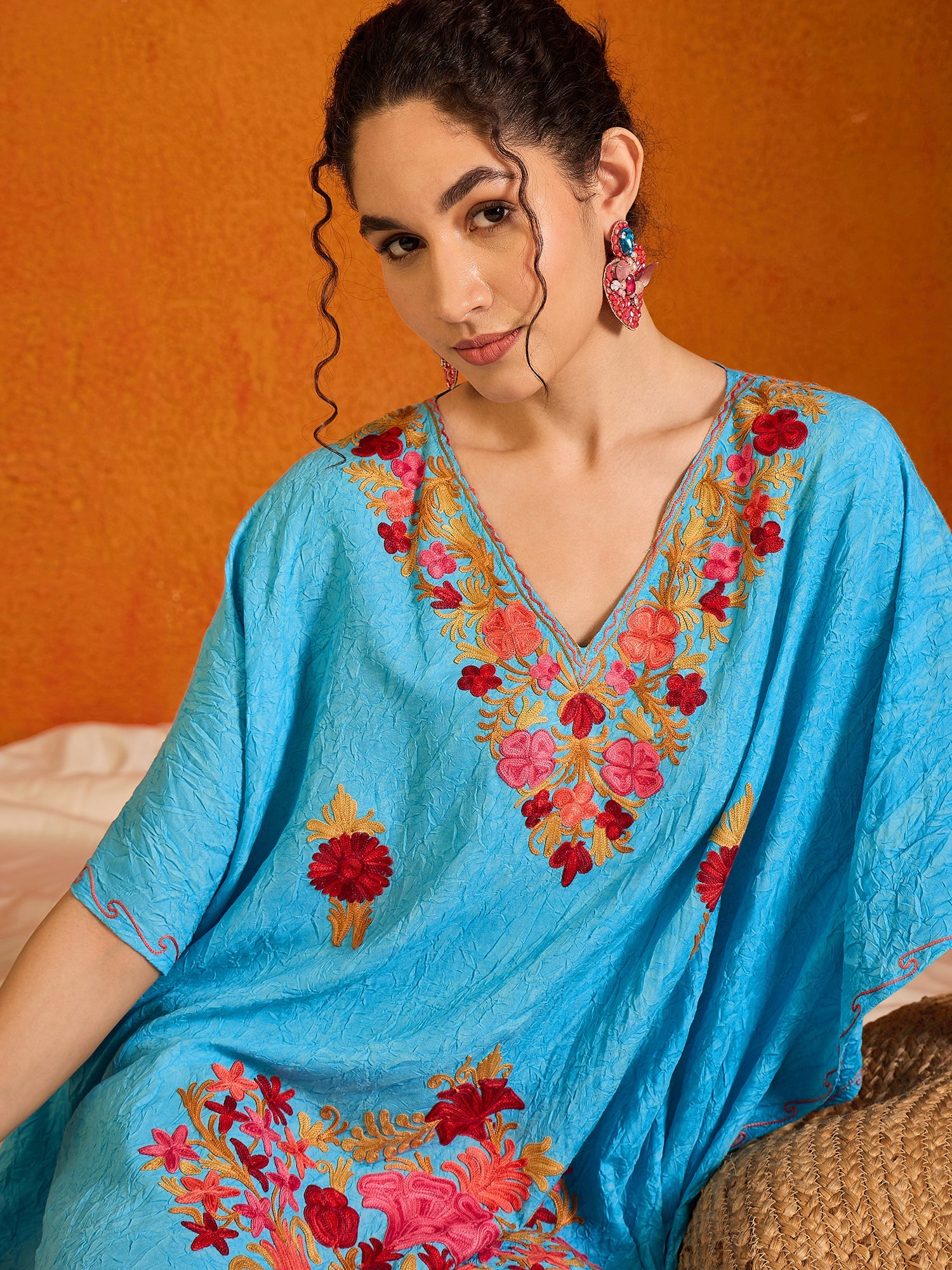 Aqua_Blue_Kashmiri_Short_Cotton_Kaftan_shop_Namastay