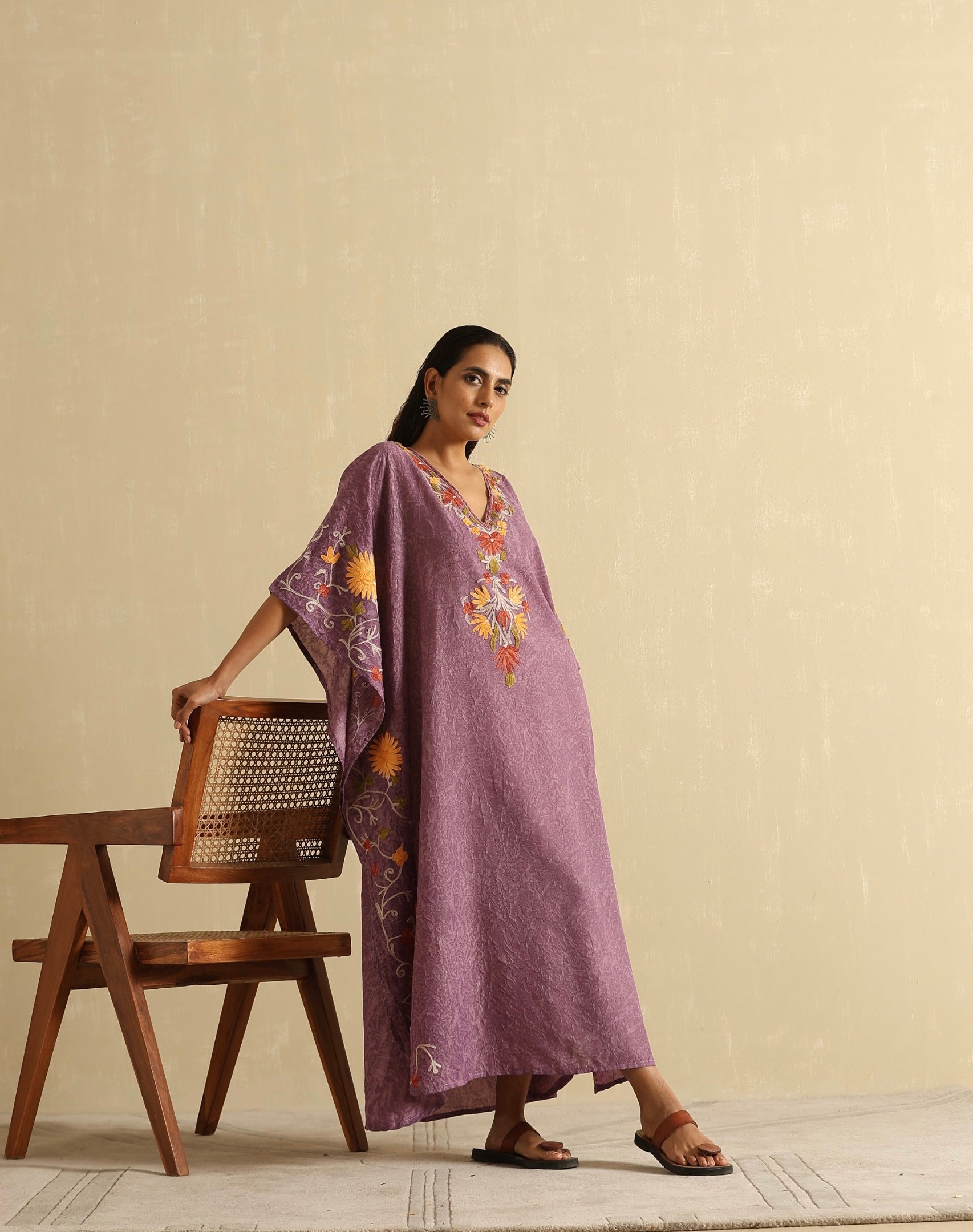 Mauve Aari Embroidered Kashmiri Kaftan- Long