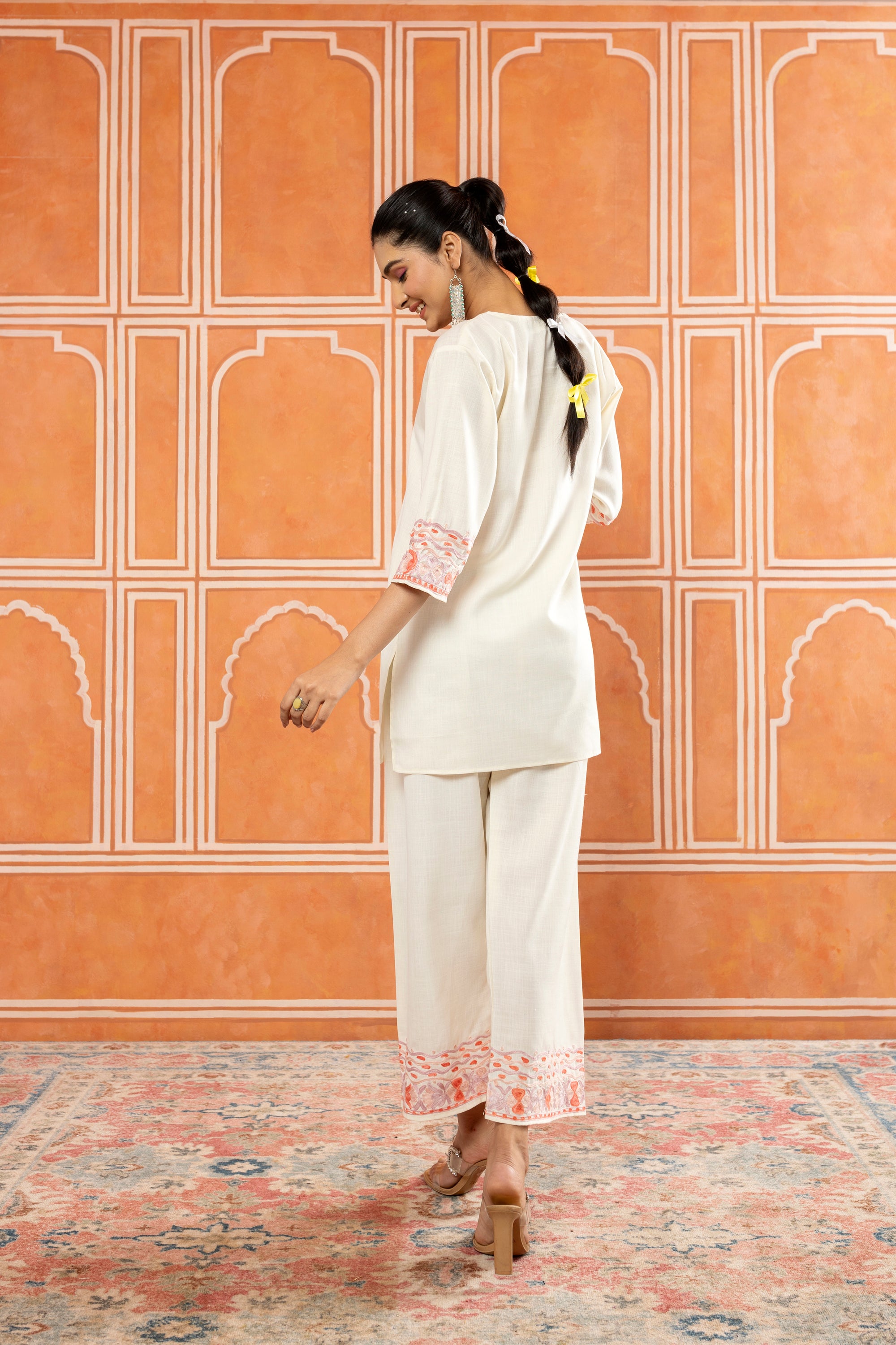Brunch Breeze White Kashmiri Cotton Kurta Pants Coord Set