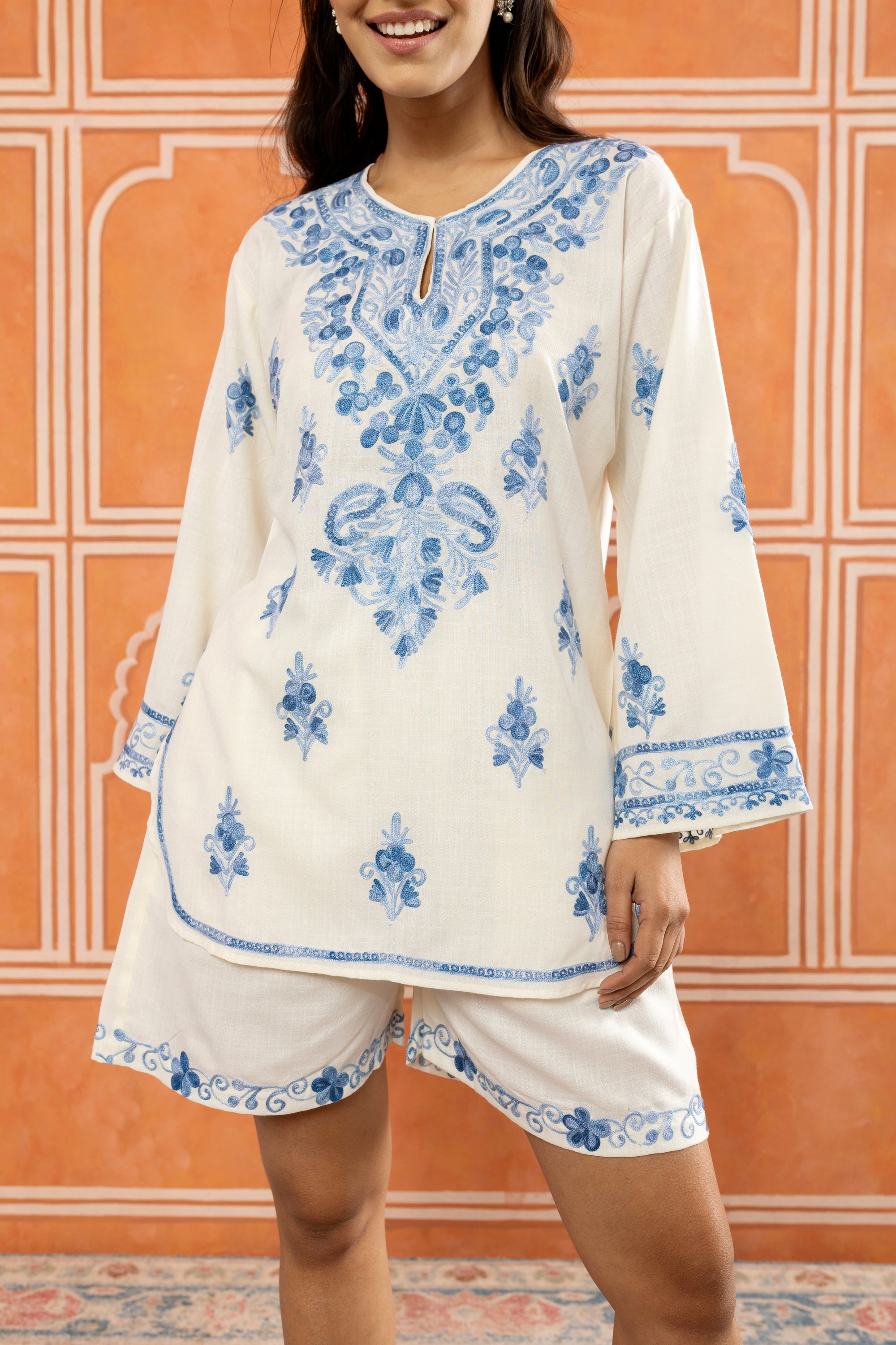 Flirty Fling White Kashmiri Cotton Kurta Shorts Coord Set