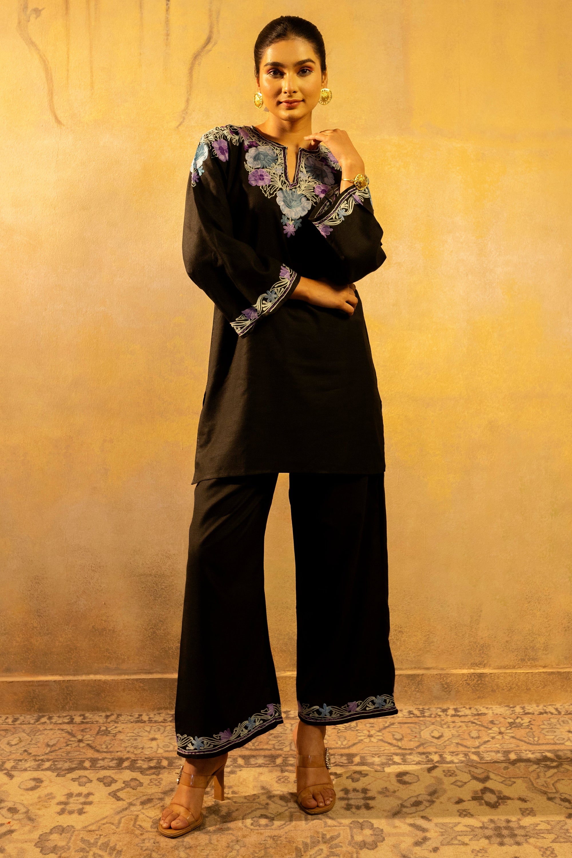 Galantea_Black_Kashmiri_Cotton_Kurta_Pants_Coord_Set_shop_Namastay