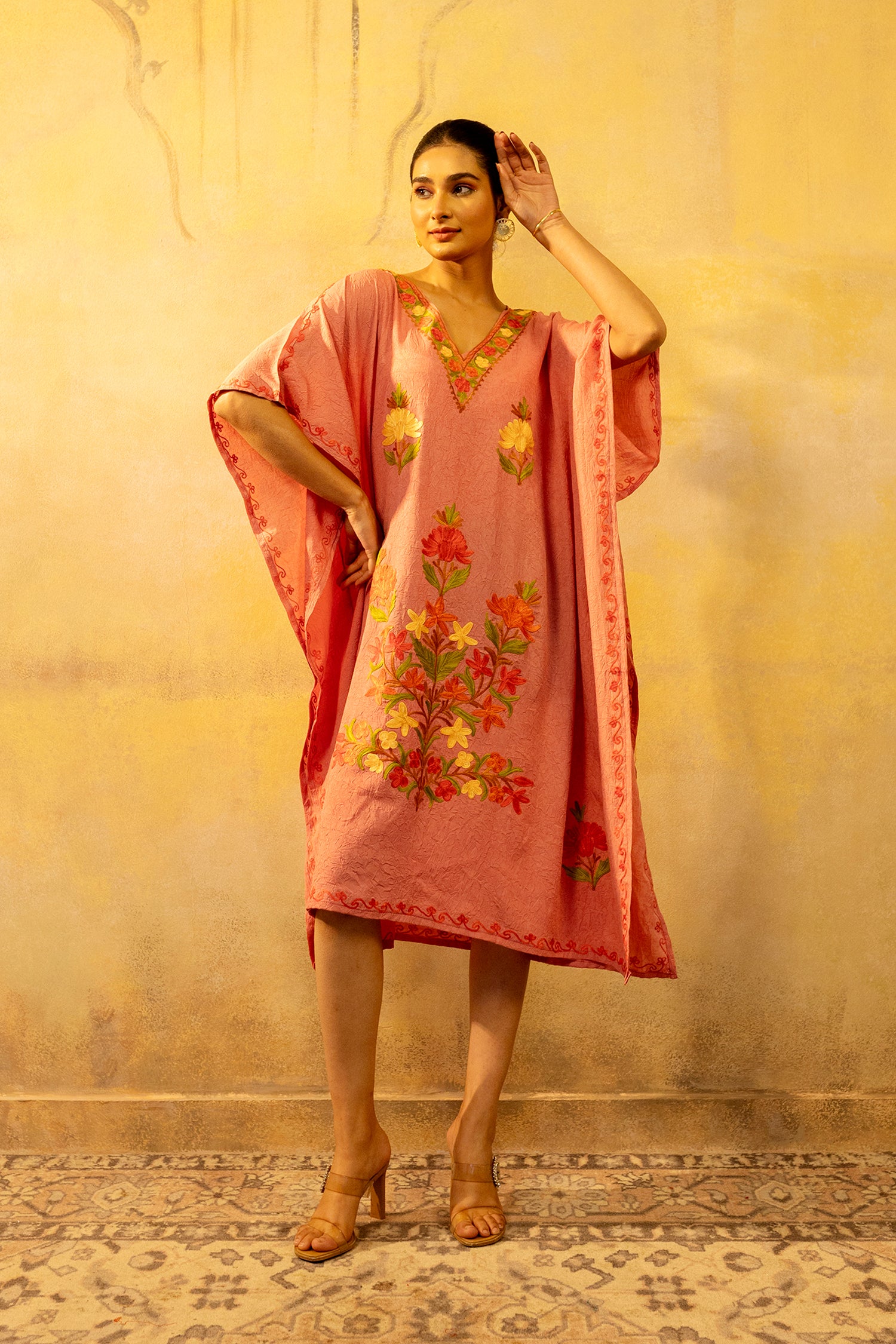 Pretty_Peach_Kashmiri_Summer_Short_Cotton_Kaftan_shop_Namastay
