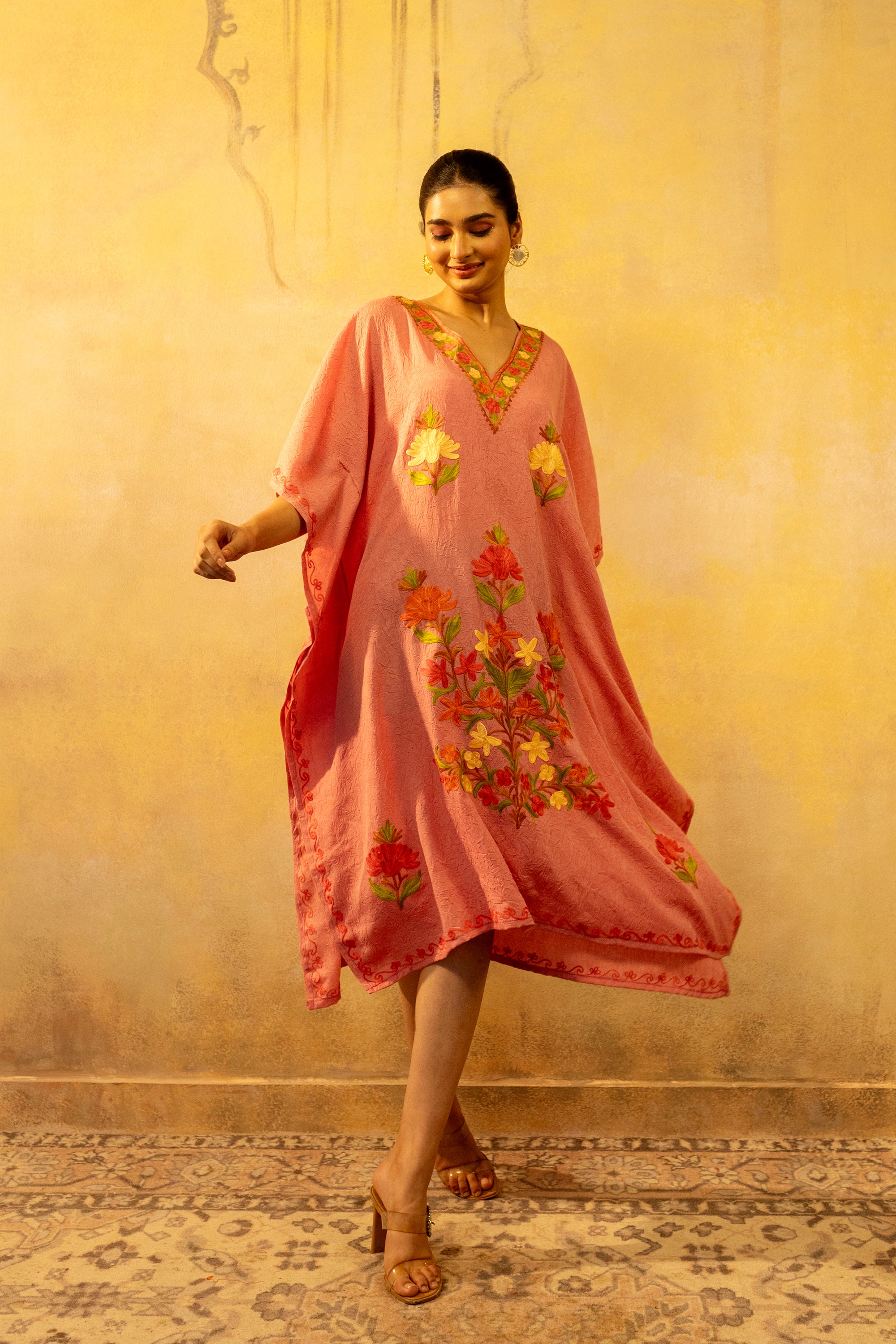 Pretty_Peach_Kashmiri_Summer_Short_Cotton_Kaftan_shop_Namastay