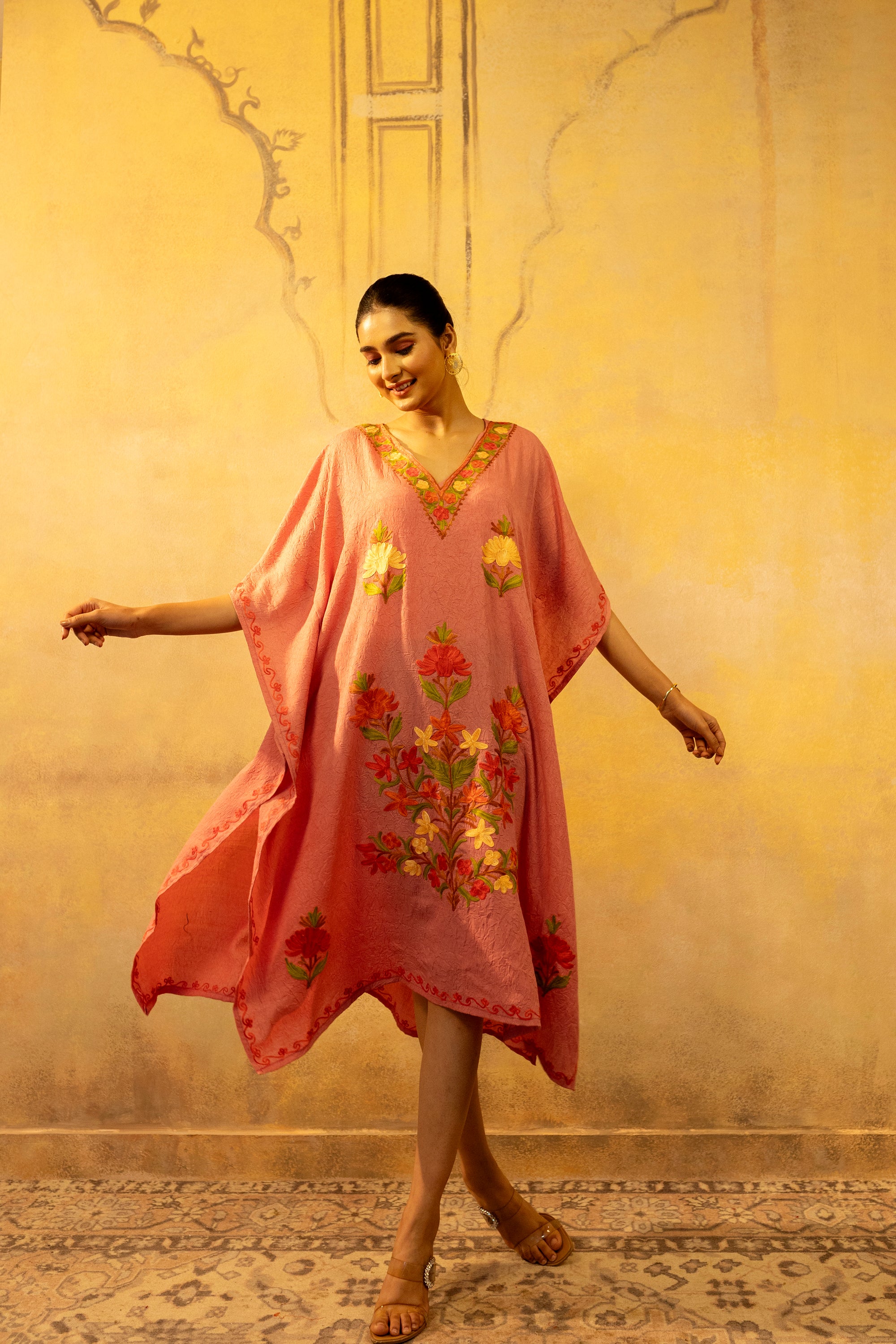 Pretty_Peach_Kashmiri_Summer_Short_Cotton_Kaftan_shop_Namastay