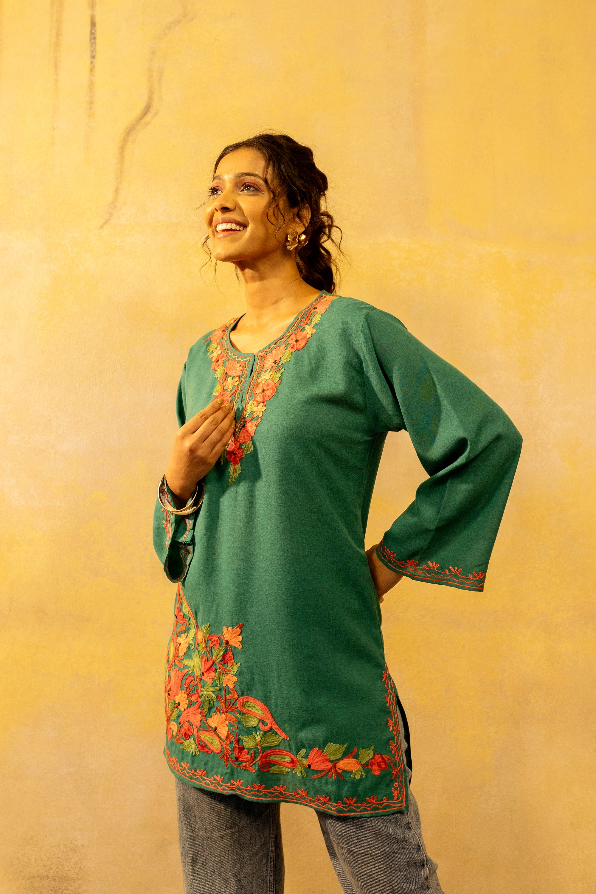 Green_Goddess_Kashmiri_Short_Cotton_Kurta_shop_Namastay