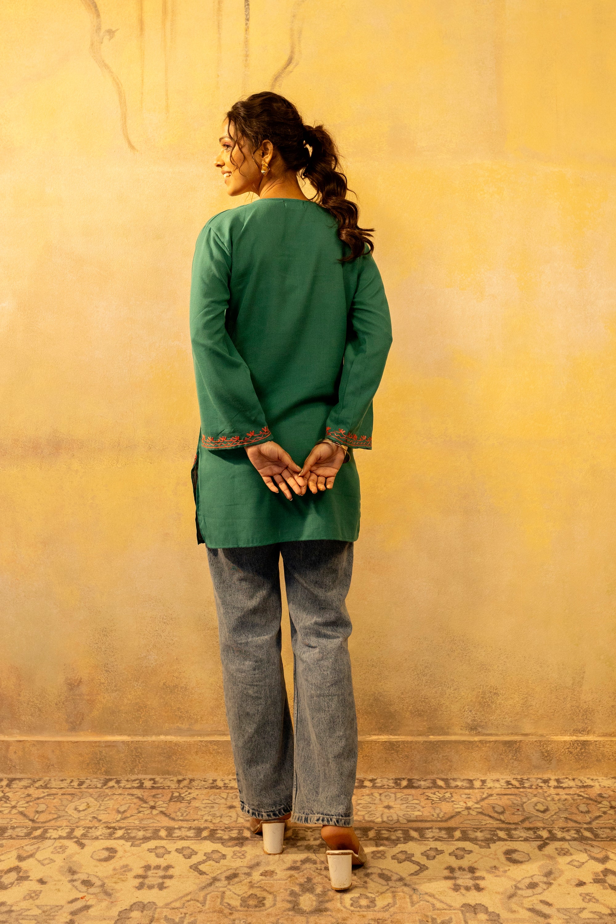 Green_Goddess_Kashmiri_Short_Cotton_Kurta_shop_Namastay