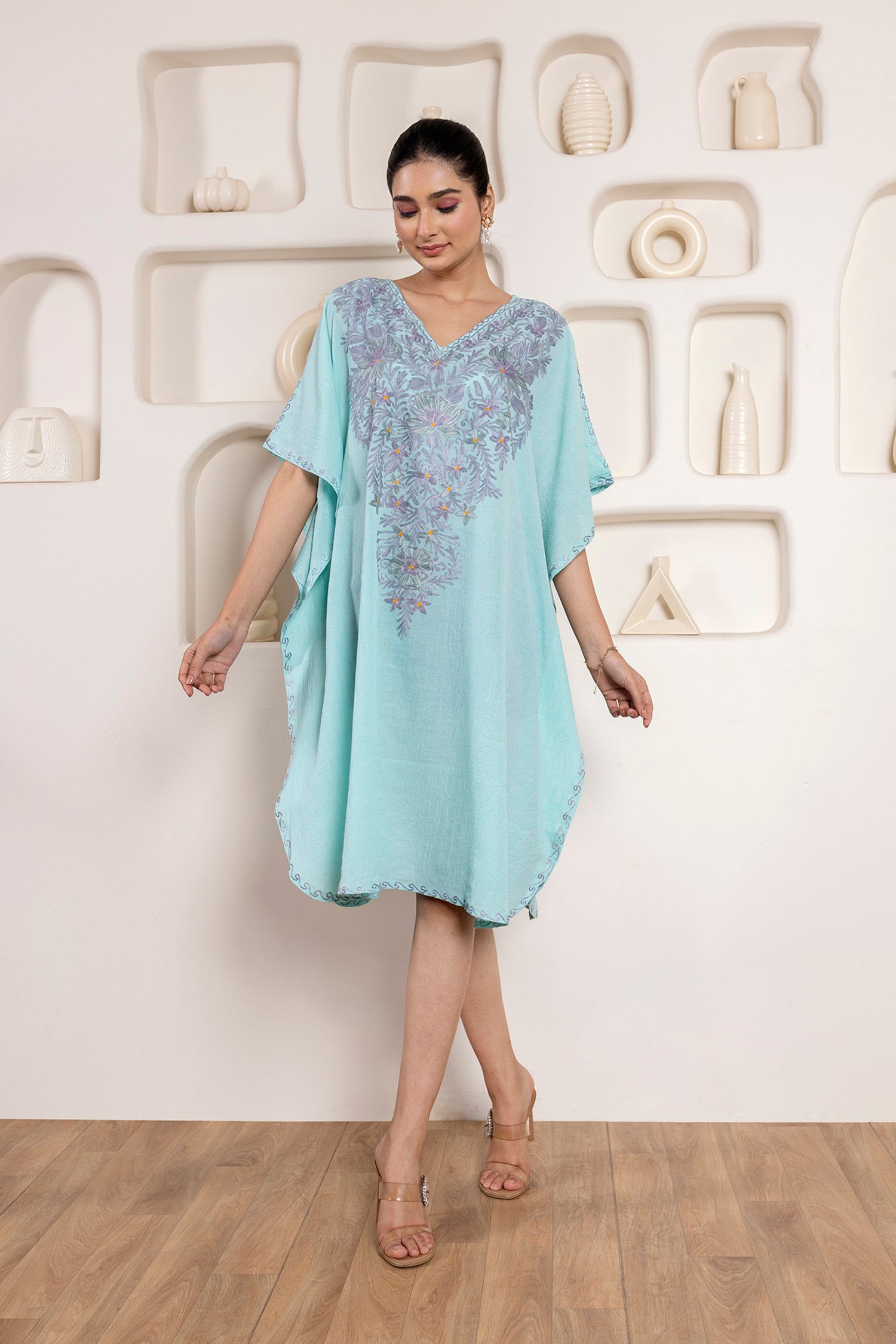 Beach_Blue_Kashmiri_Summer_Short_Cotton_Kaftan_shop_Namastay