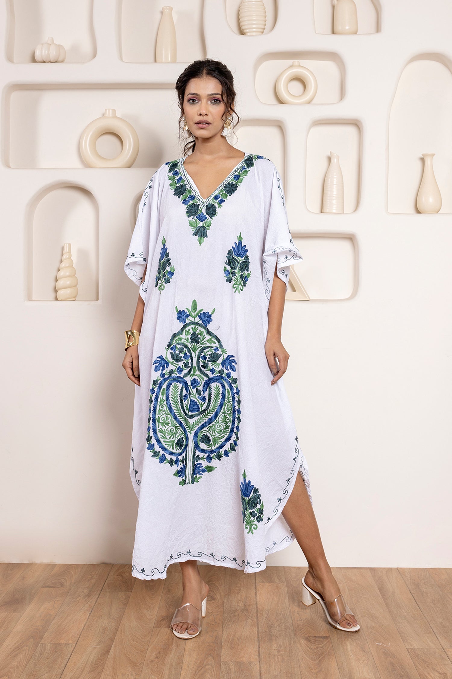 Whimsical_White_Kashmiri_Summer_Long_Cotton_Kaftan_shop_Namastay