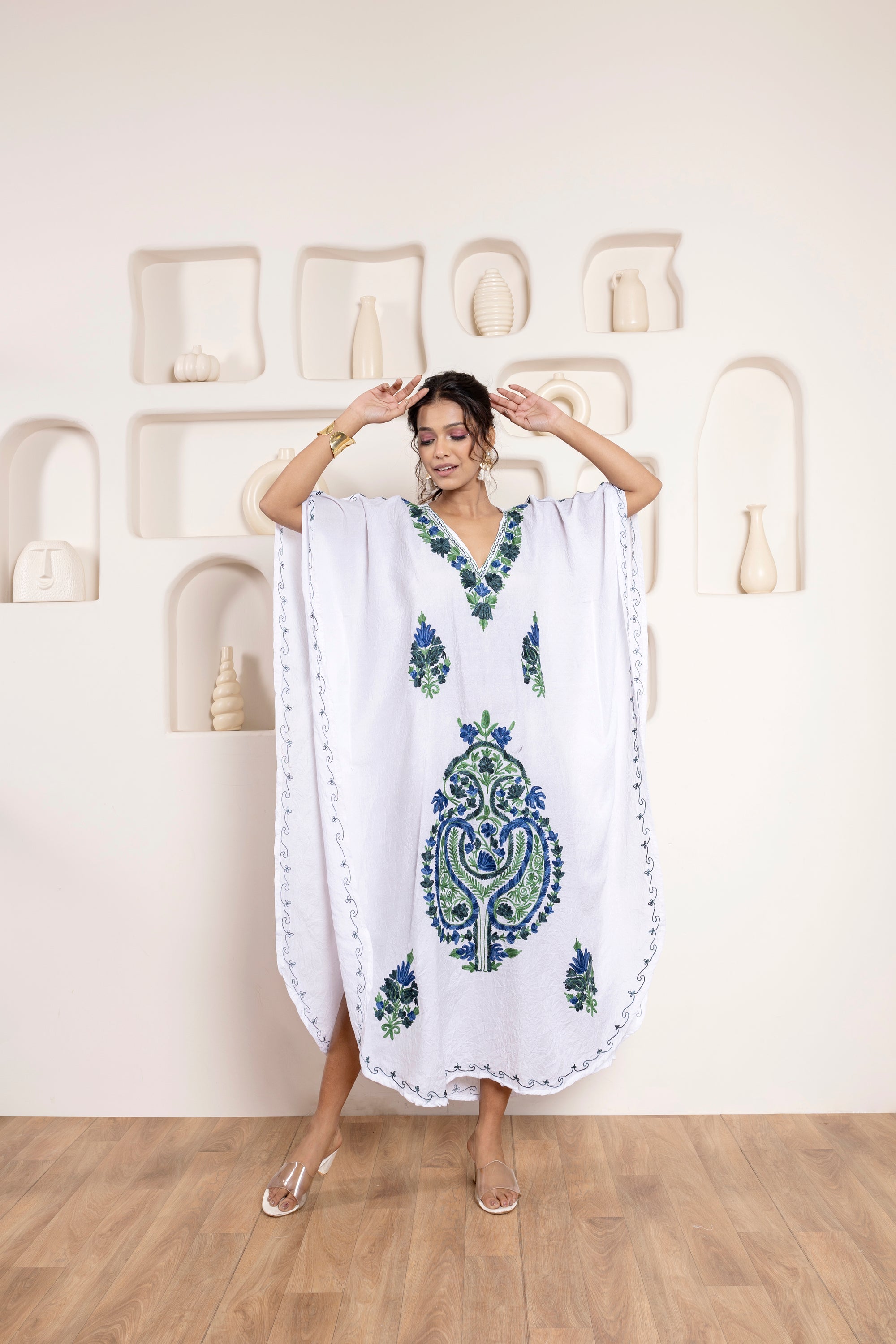 Whimsical_White_Kashmiri_Summer_Long_Cotton_Kaftan_shop_Namastay
