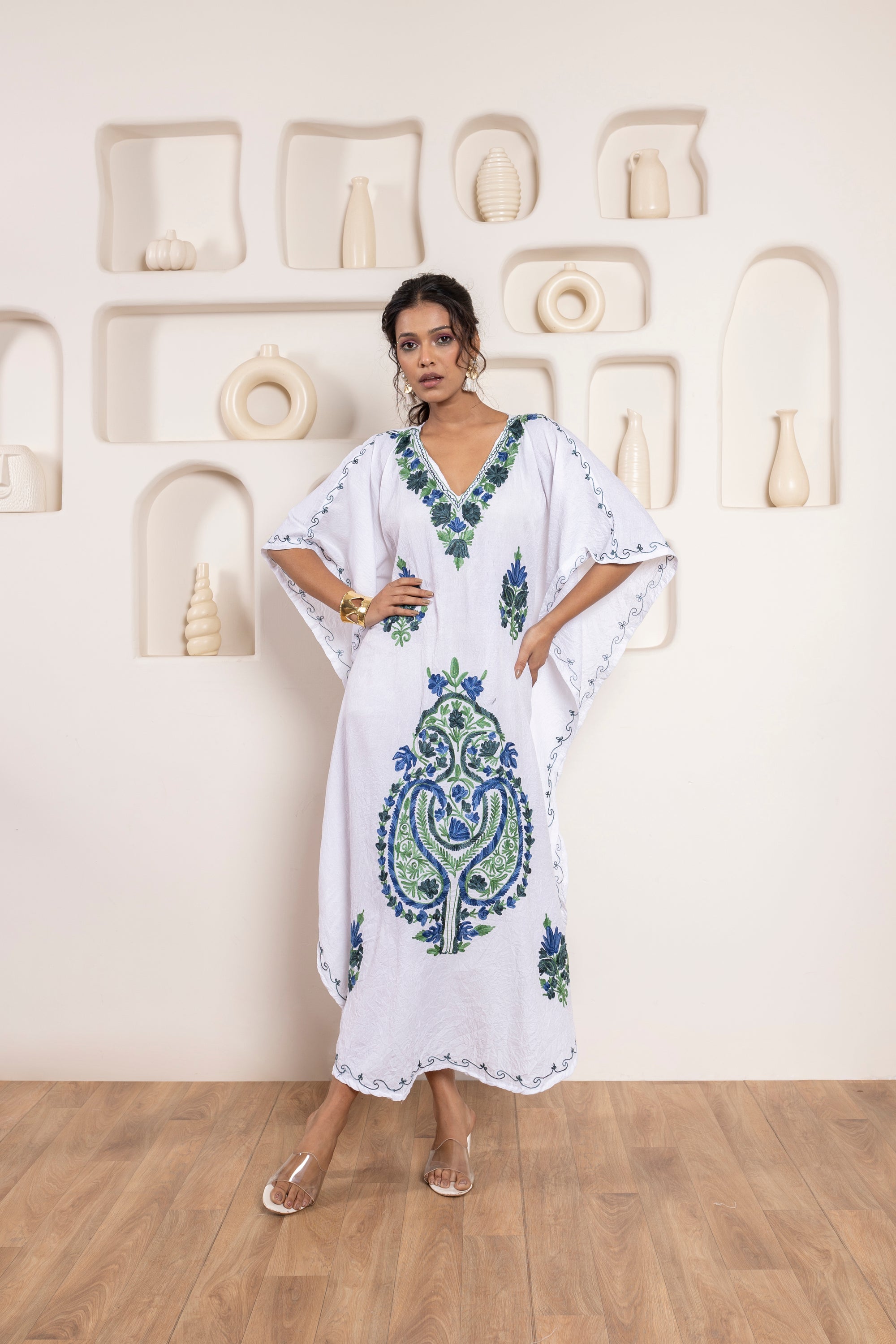 Whimsical_White_Kashmiri_Summer_Long_Cotton_Kaftan_shop_Namastay
