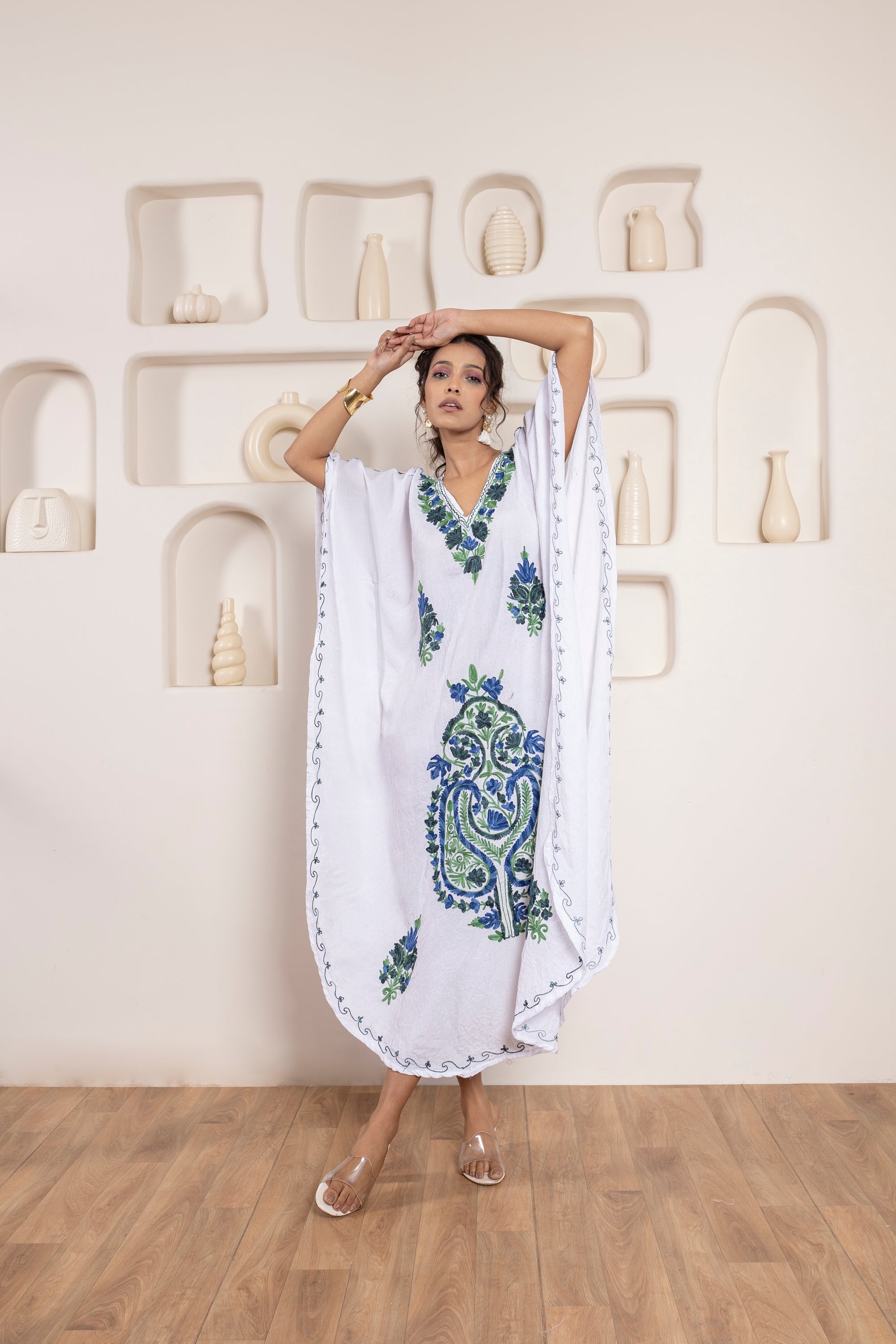 Whimsical_White_Kashmiri_Summer_Long_Cotton_Kaftan_shop_Namastay