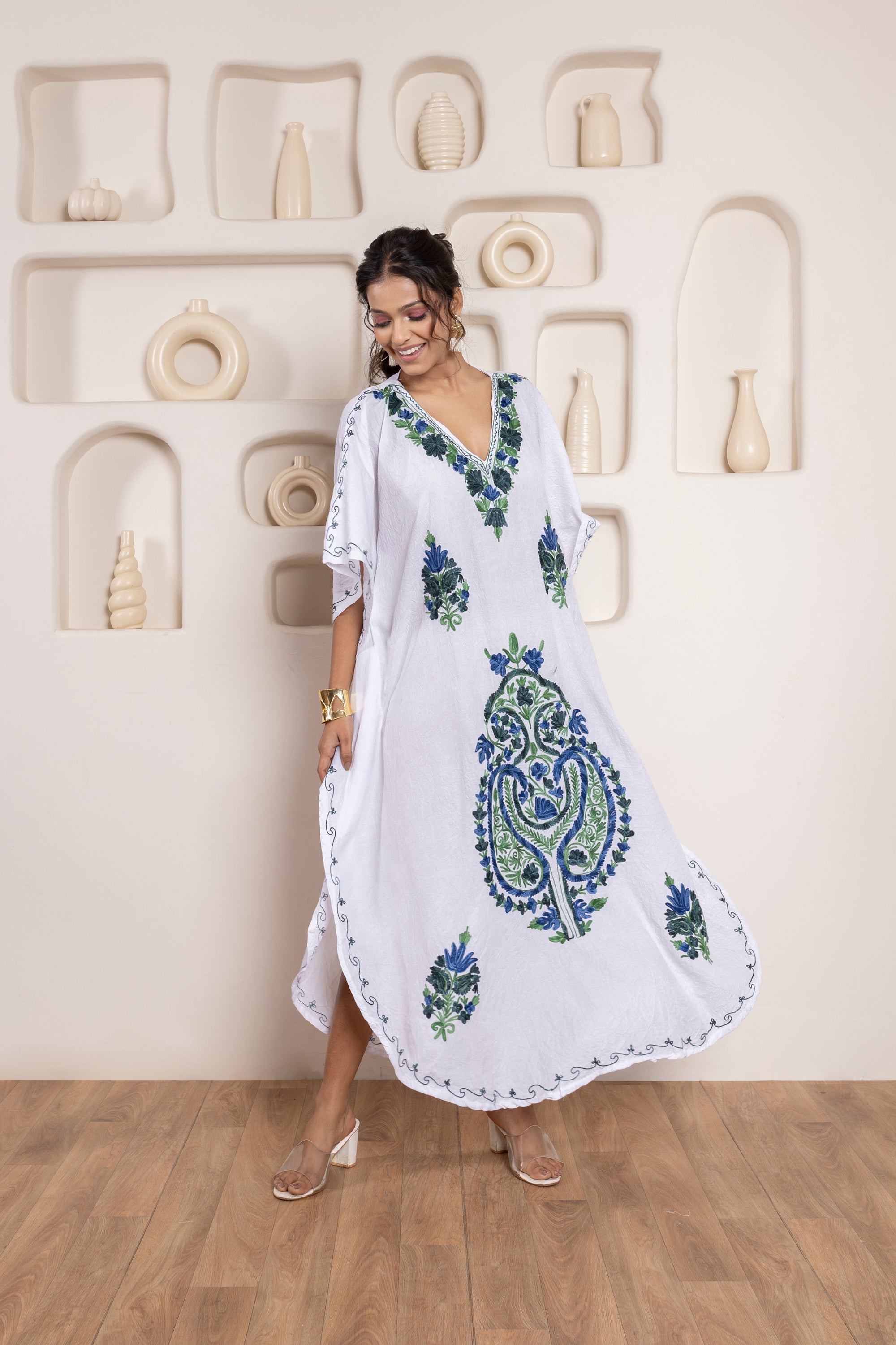 Whimsical_White_Kashmiri_Summer_Long_Cotton_Kaftan_shop_Namastay