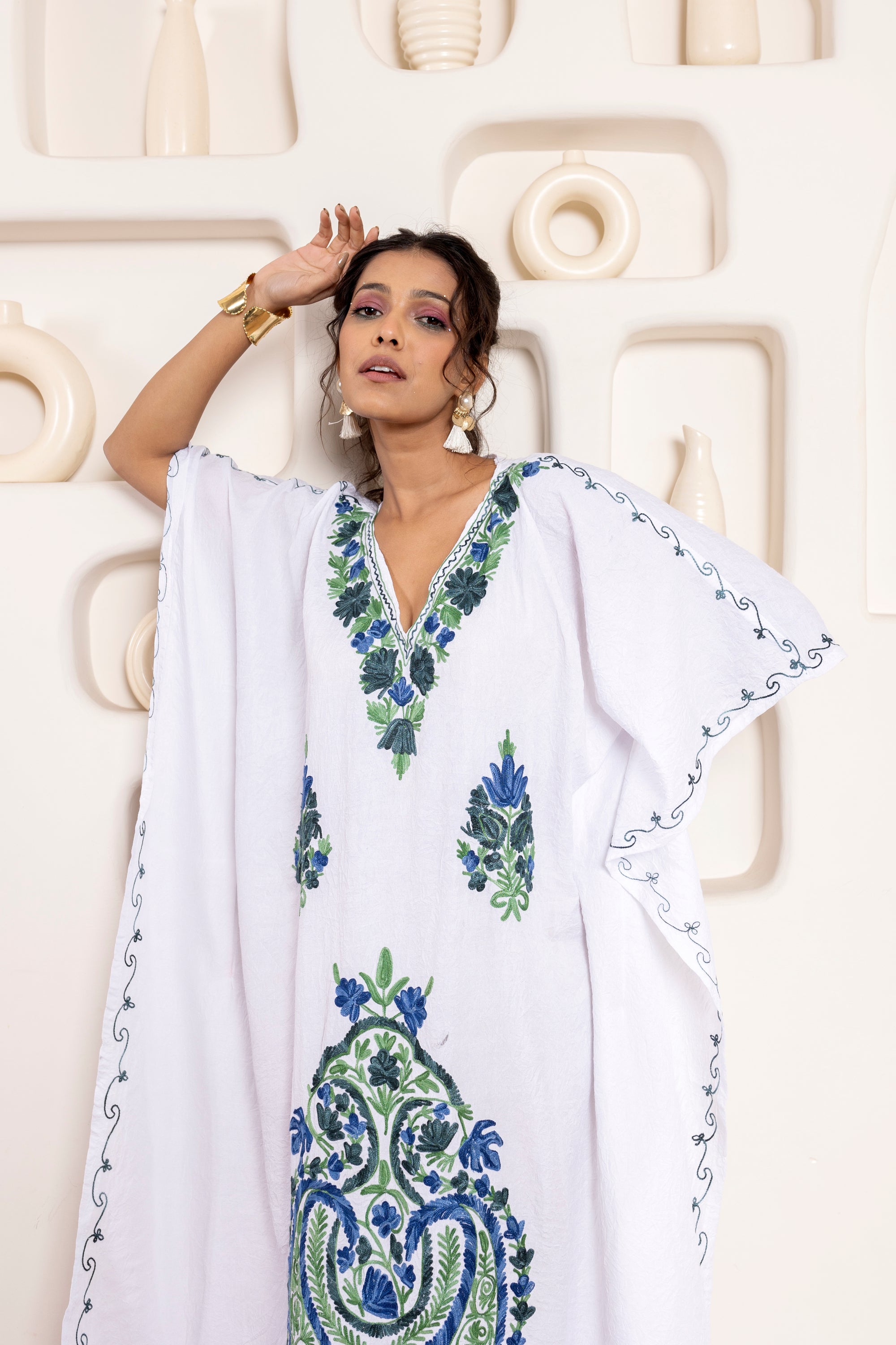 Whimsical White Kashmiri Summer Long Cotton Kaftan