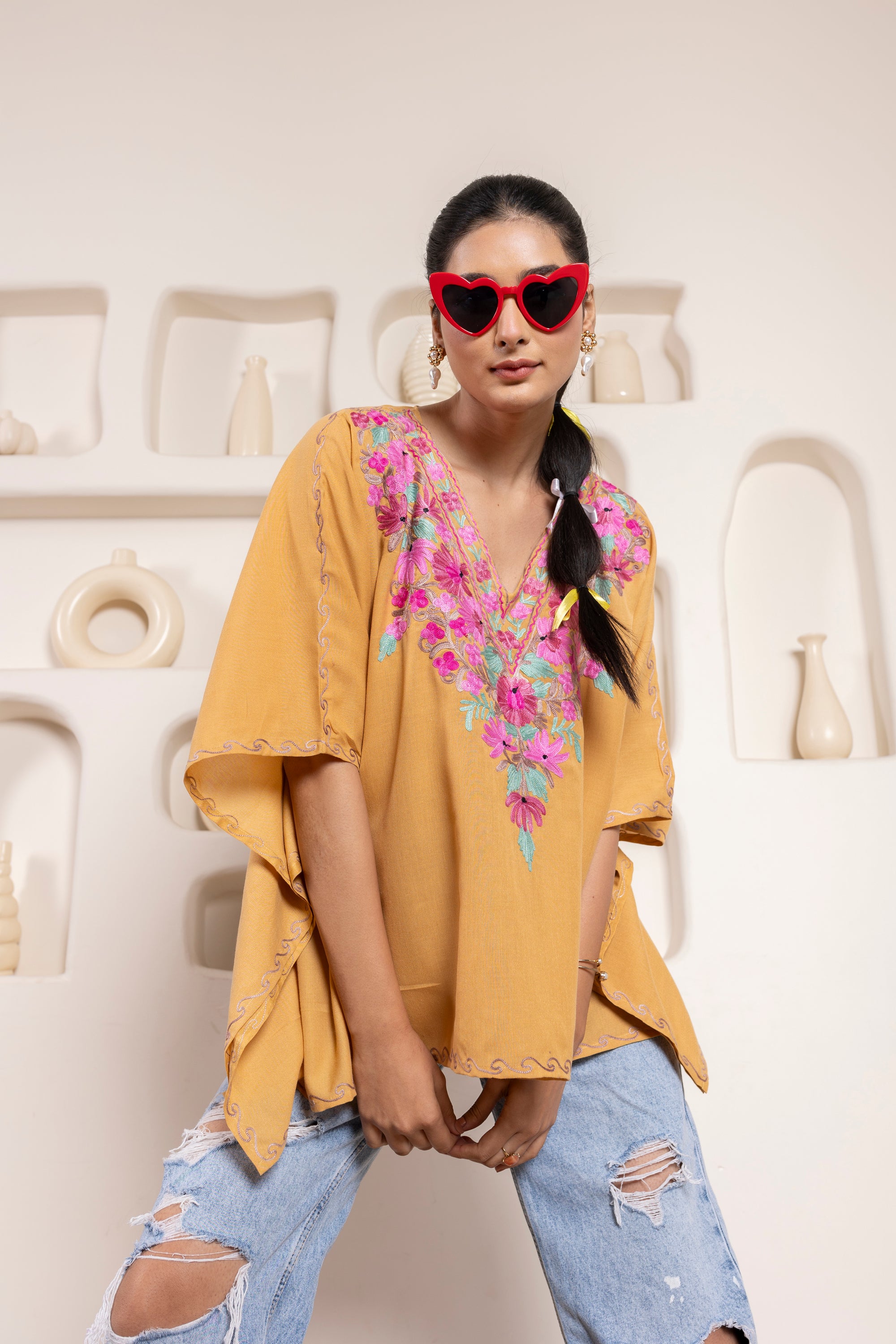 Babe Beige Kashmiri Summer Cotton Kaftan Kurta Top