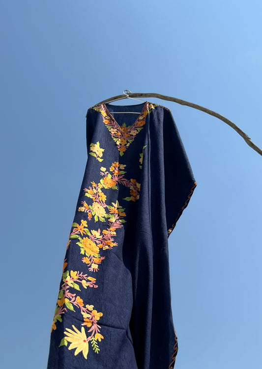 Navy Blue Kashmiri Embroidered Summer Kaftan - Long