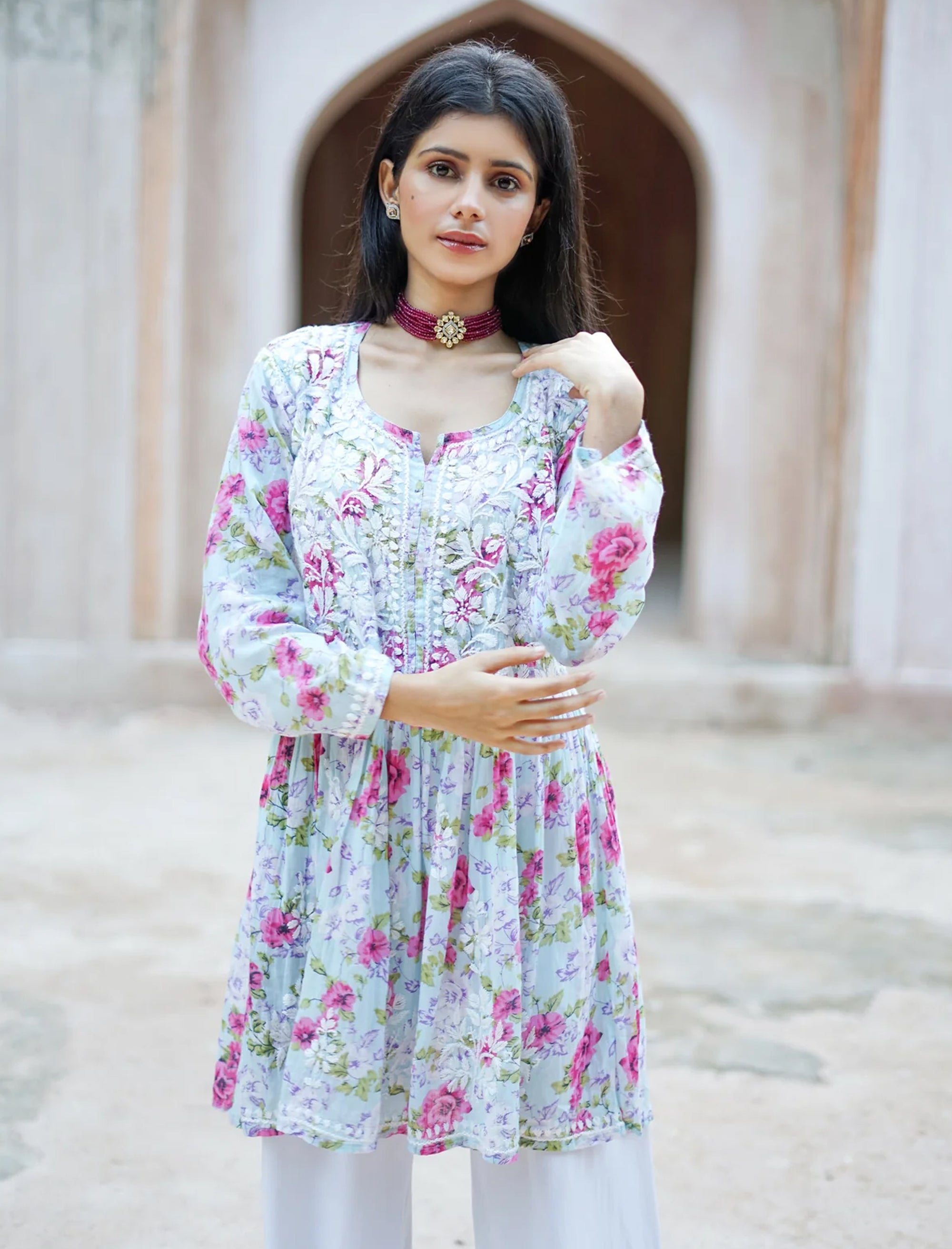 Fiza_Flared_Anakarli_Short_Printed_Chikankari_Cotton_Kurta_shop_Namastay