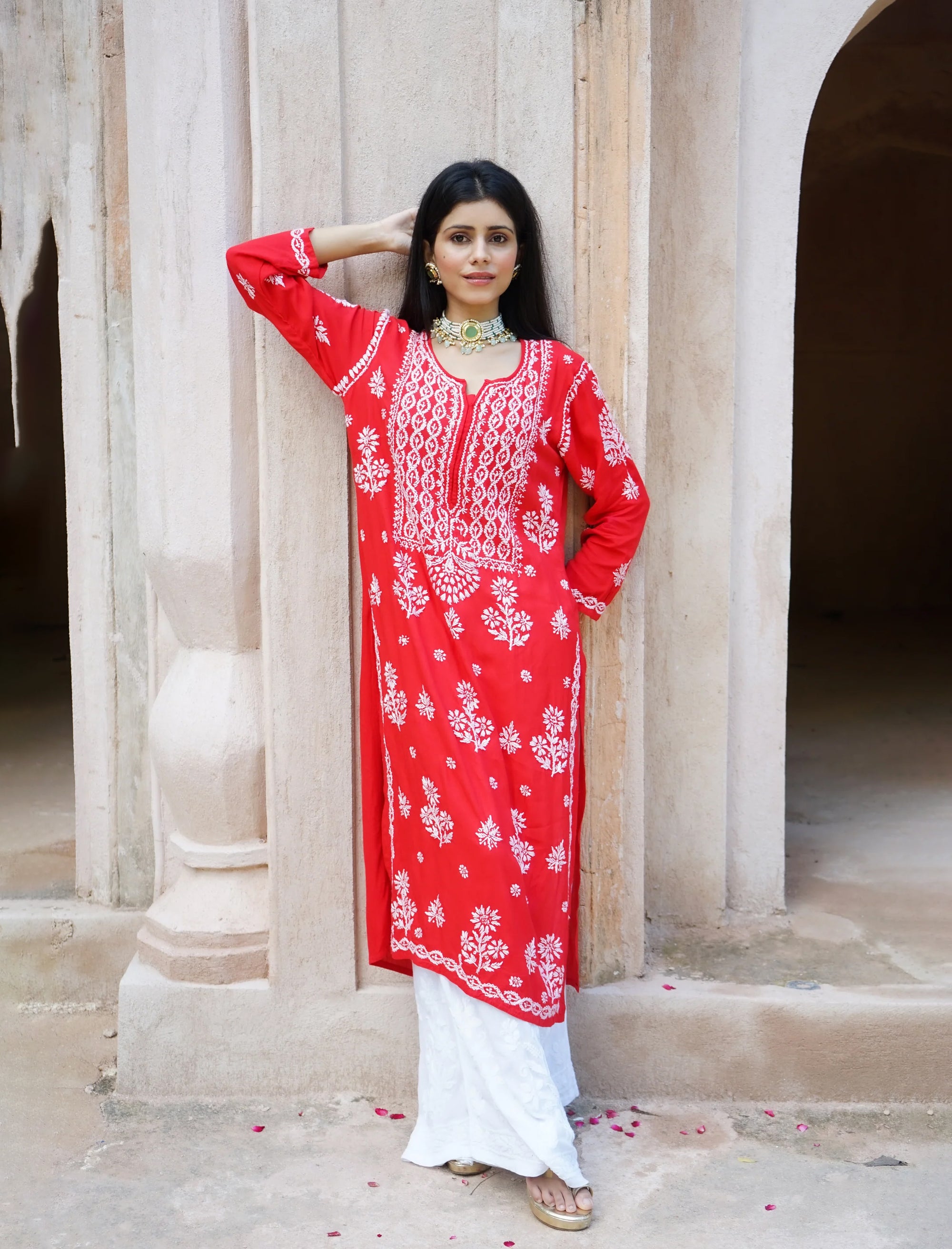Surkh_Red_Chikankari_Straight_Kurta_shop_Namastay