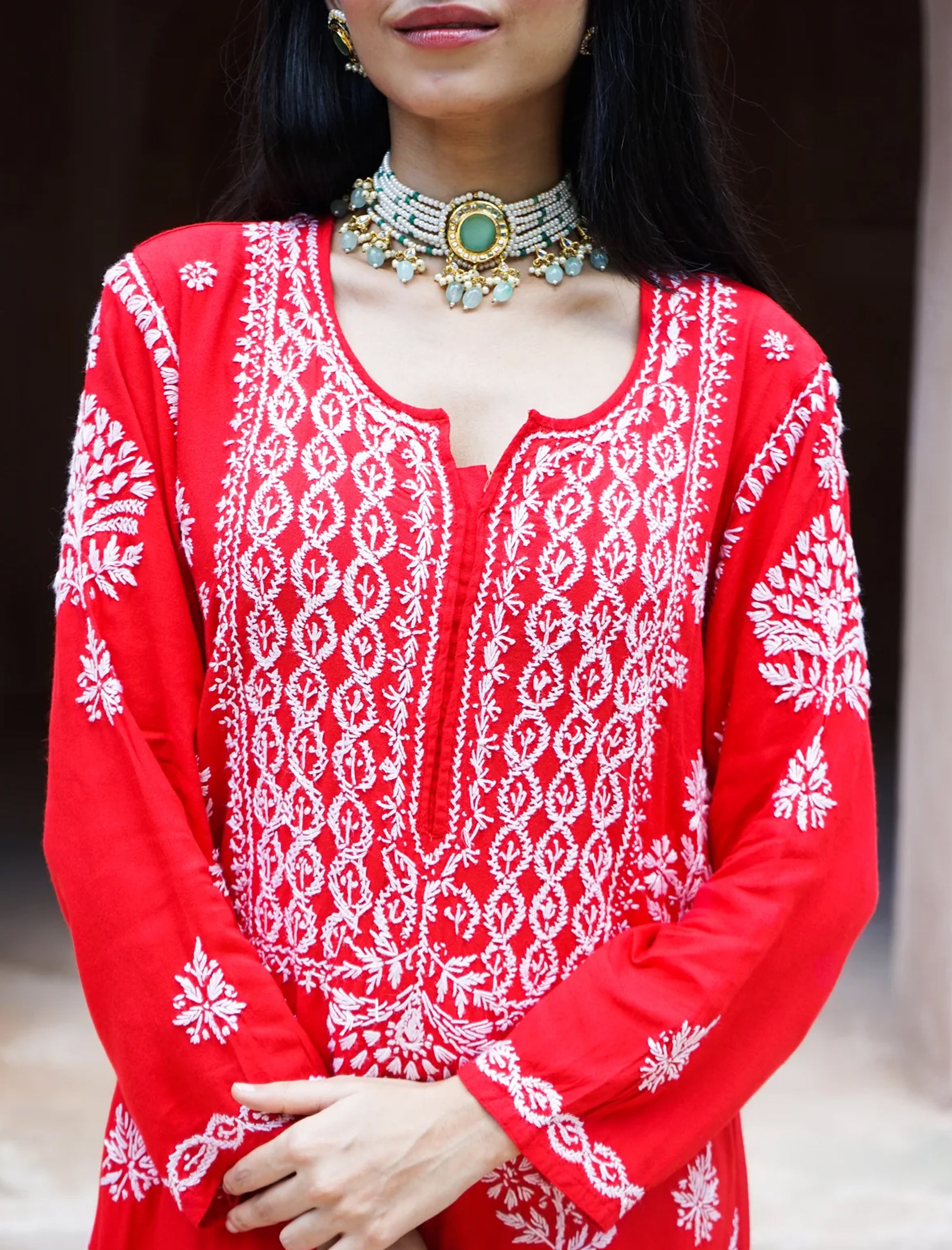 Surkh_Red_Chikankari_Straight_Kurta_shop_Namastay