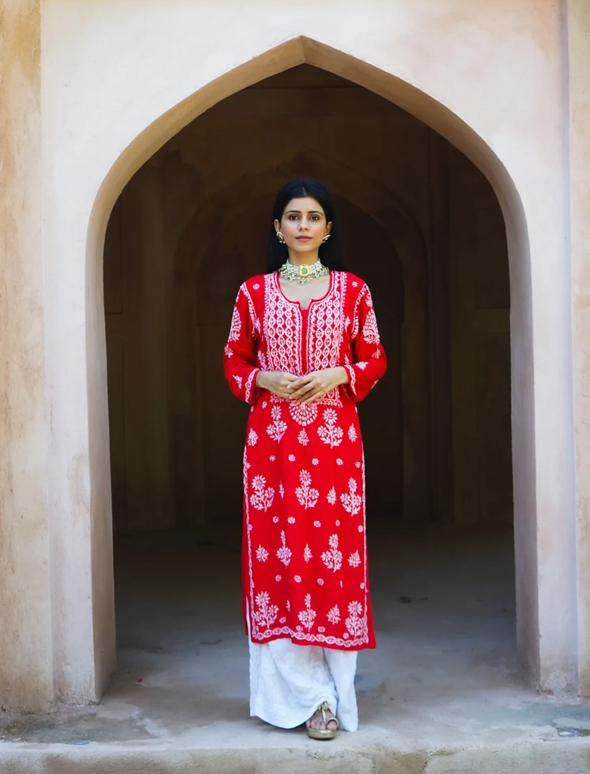 Surkh_Red_Chikankari_Straight_Kurta_shop_Namastay