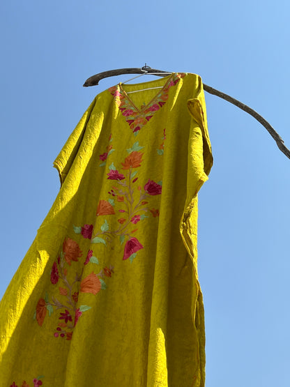 Lemon Green Kashmiri Embroidered Summer Long Kaftan