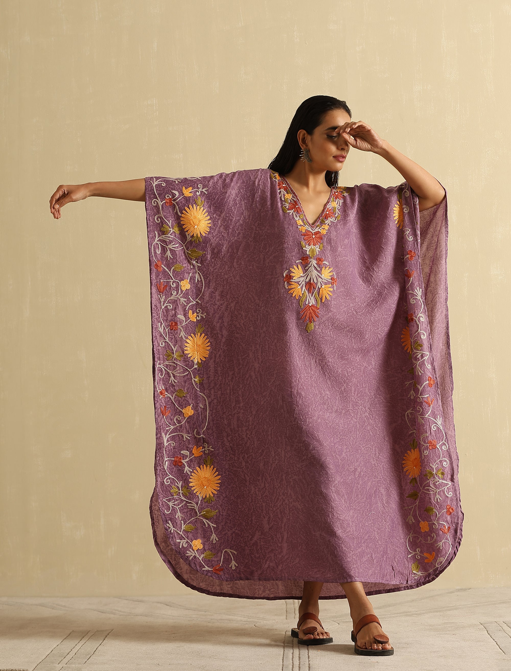Mauve_Aari_Embroidered_Kashmiri_Long_Cotton_Kaftan_shop_Namastay