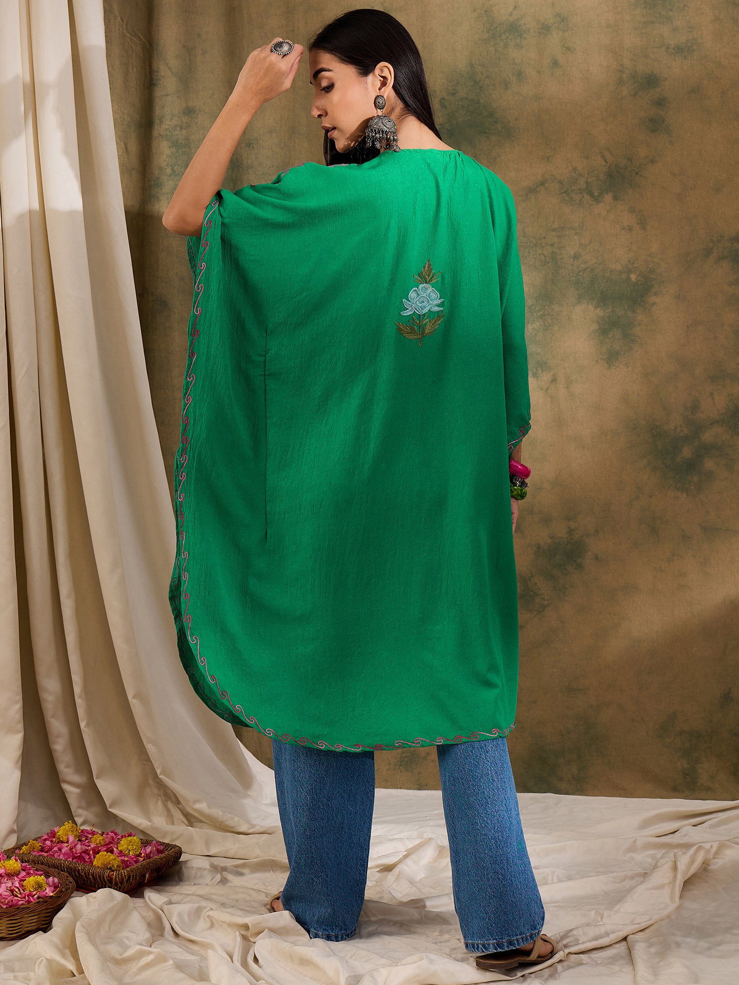 Basil_Green_Kashmiri_Embroidered_Short_Cotton_Kaftan_shop_Namastay