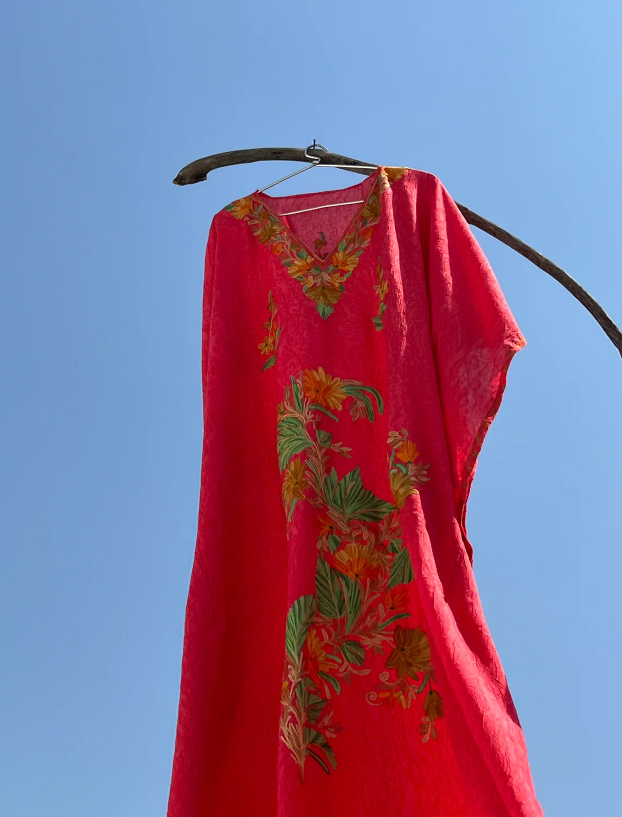Ruby Pink Kashmiri Embroidered Summer Kaftan - Long