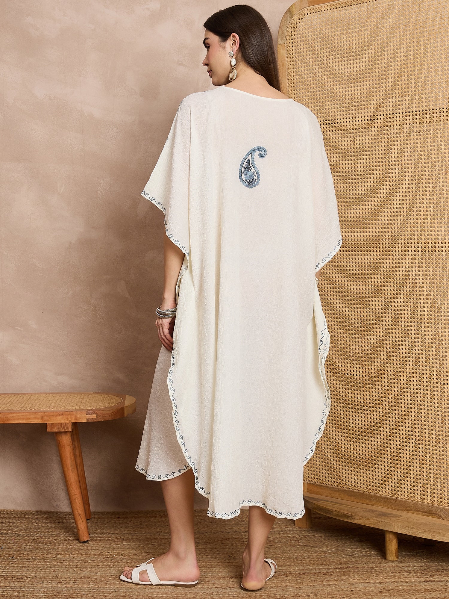 Ivory Kashmiri Embroidered Long Cotton Kaftan