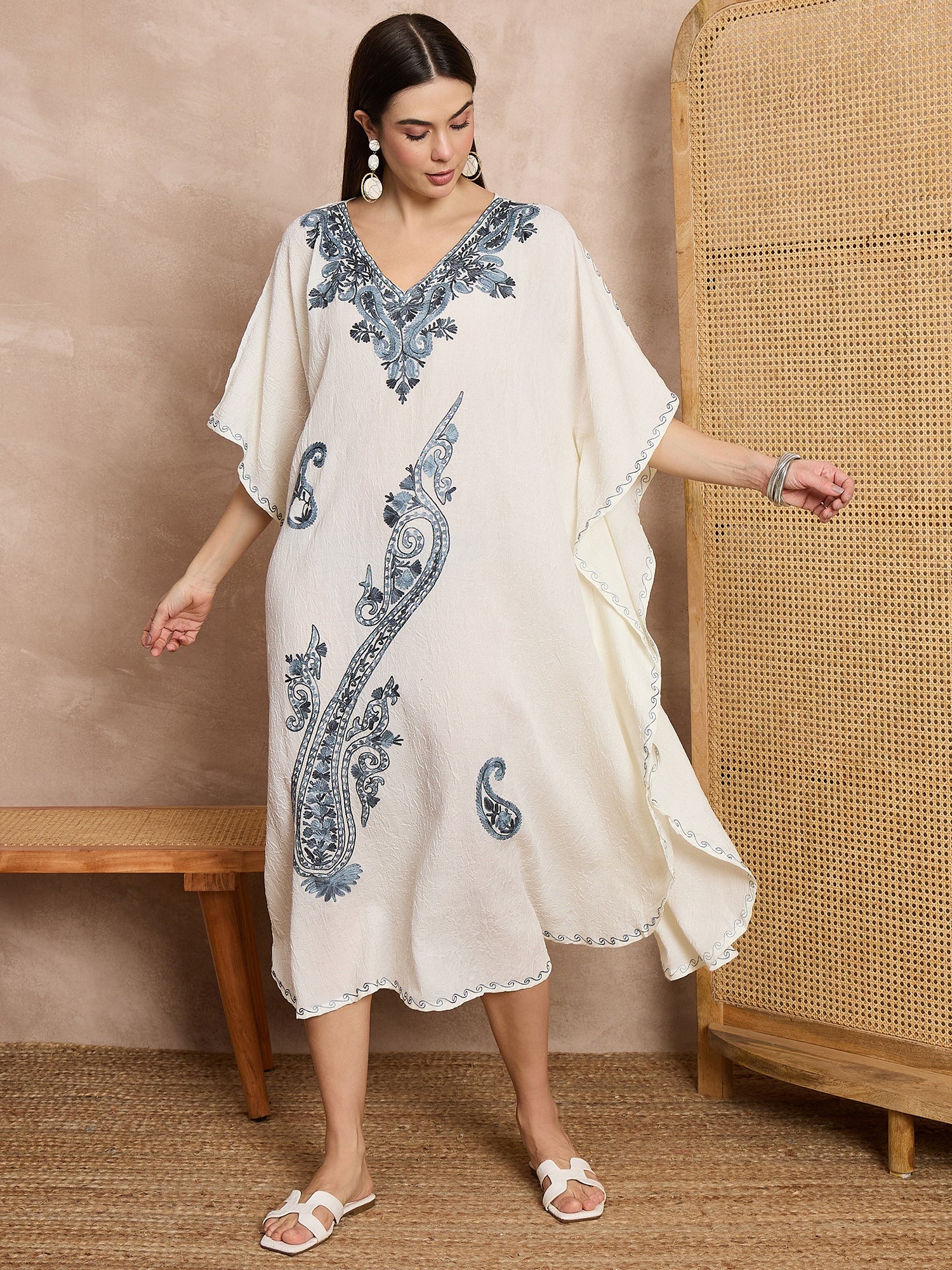 Ivory_Kashmiri_Embroidered_Long_Cotton_Kaftan_shop_Namastay