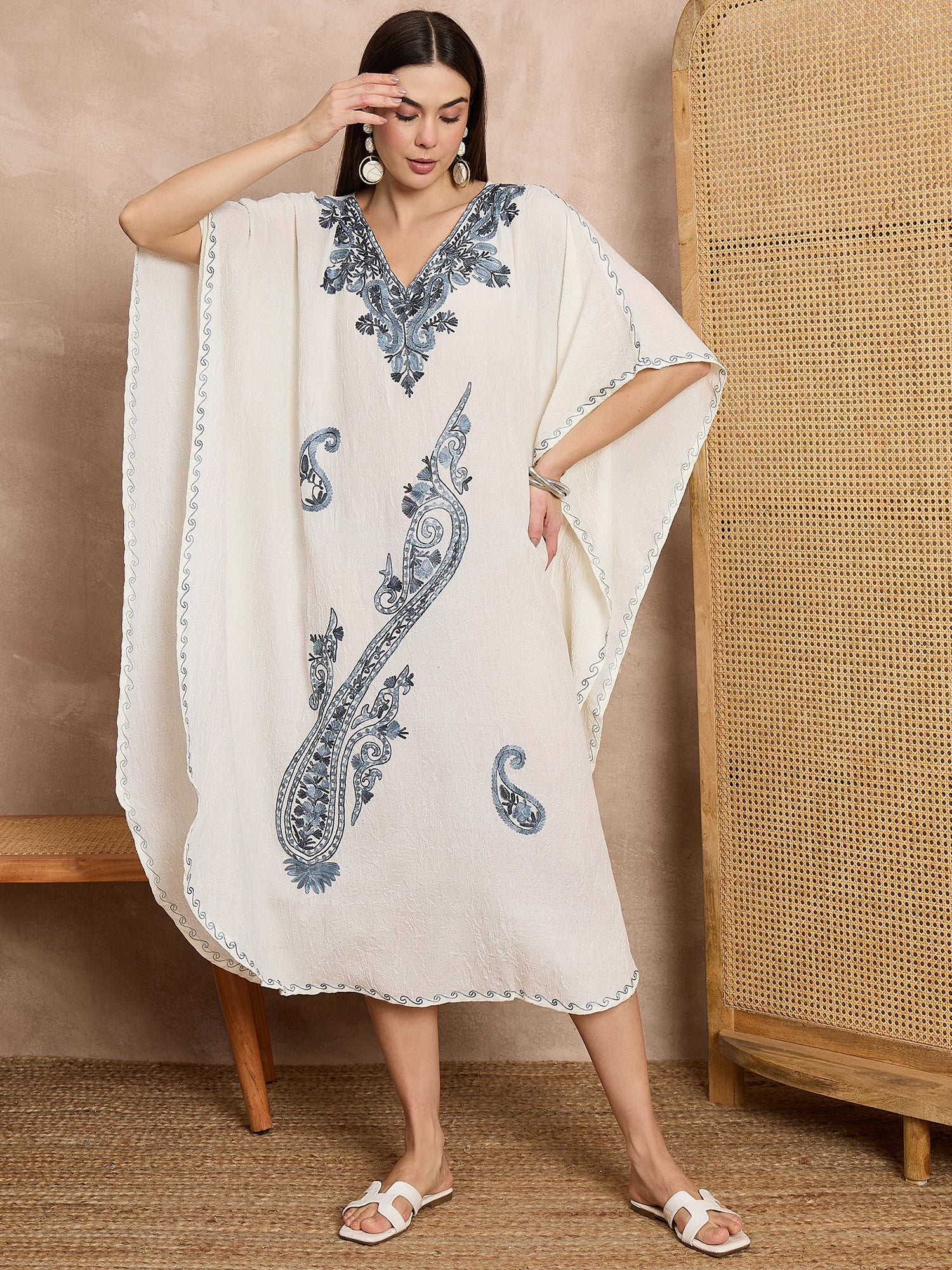 Ivory_Kashmiri_Embroidered_Long_Cotton_Kaftan_shop_Namastay