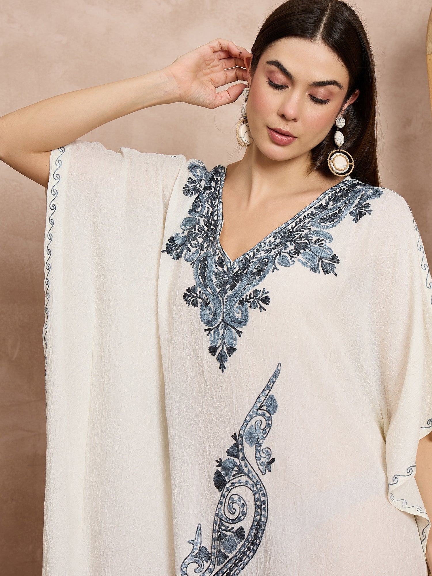 Ivory_Kashmiri_Embroidered_Long_Cotton_Kaftan_shop_Namastay