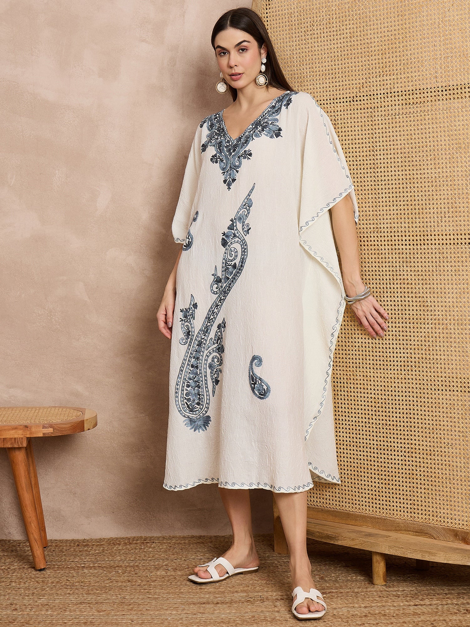 Ivory Kashmiri Embroidered Long Cotton Kaftan