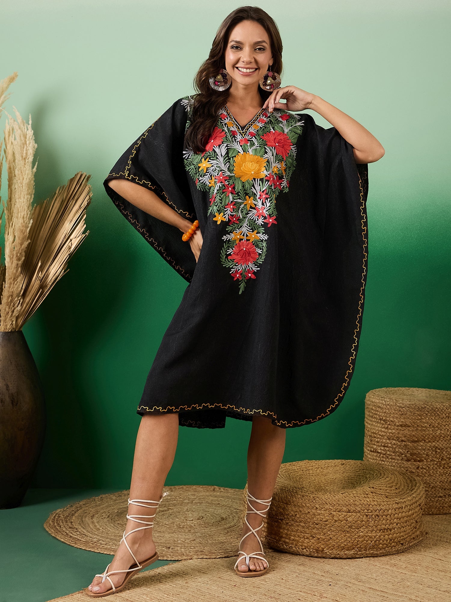 Jade Black Kashmiri Embroidered Summer Kaftan - Short