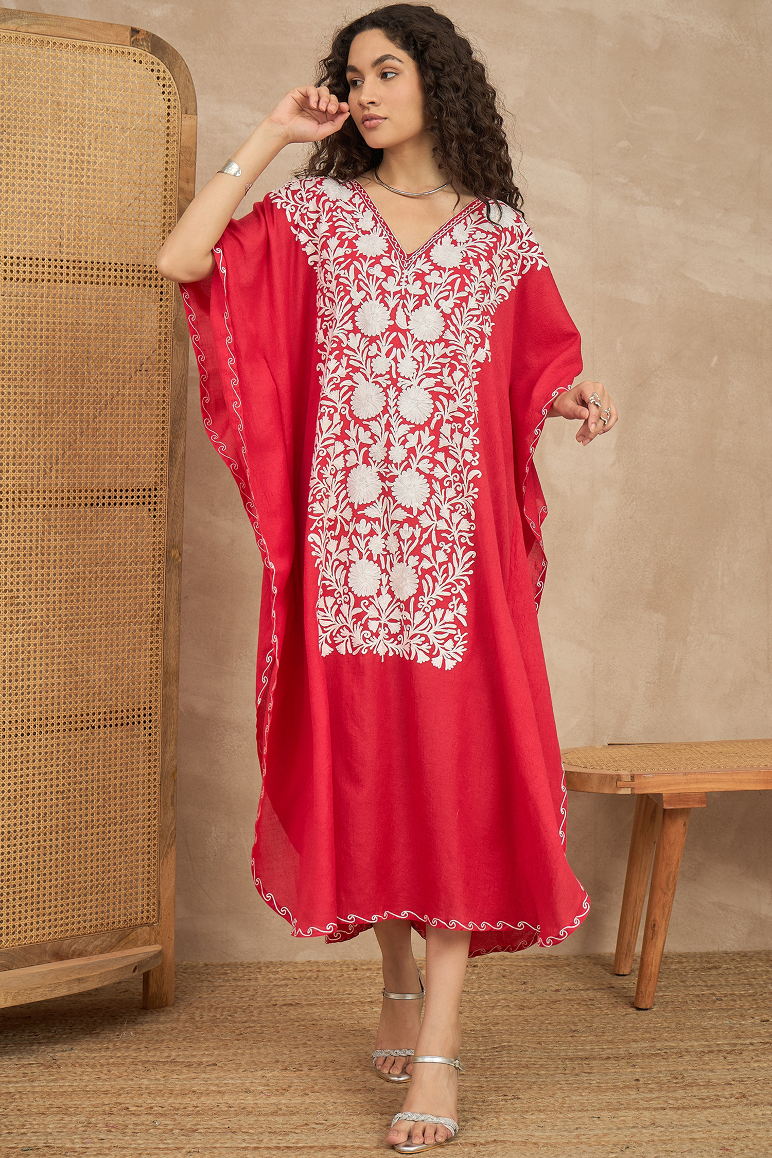 Crimson_Red_Kashmiri_Summer_Kaftan_-_Long_shop_Namastay