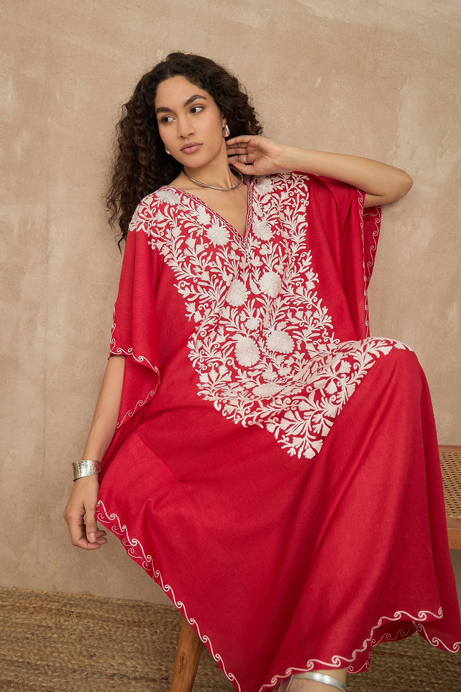 Crimson_Red_Kashmiri_Summer_Kaftan_-_Long_shop_Namastay