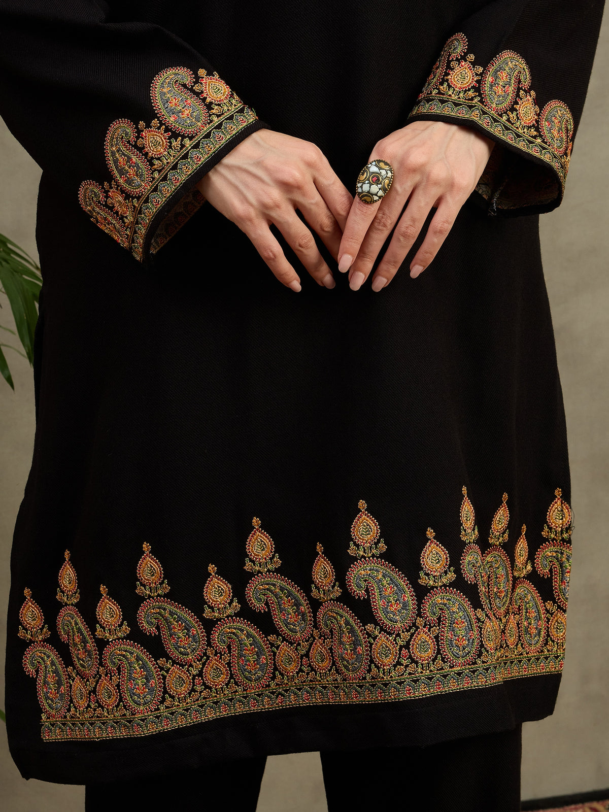Mirha Black Kashmiri Embroidered Woollen Kurta with Pants Set