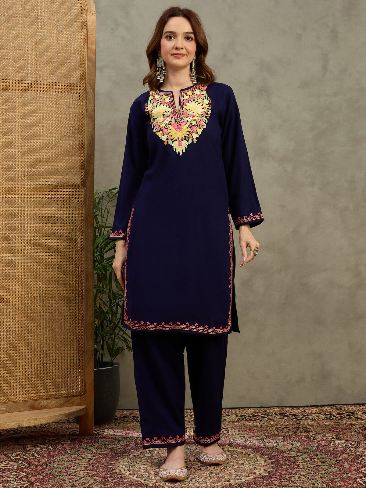 Dania Blue Aari Embroidered Kashmiri Woollen Kurta with Pants Set