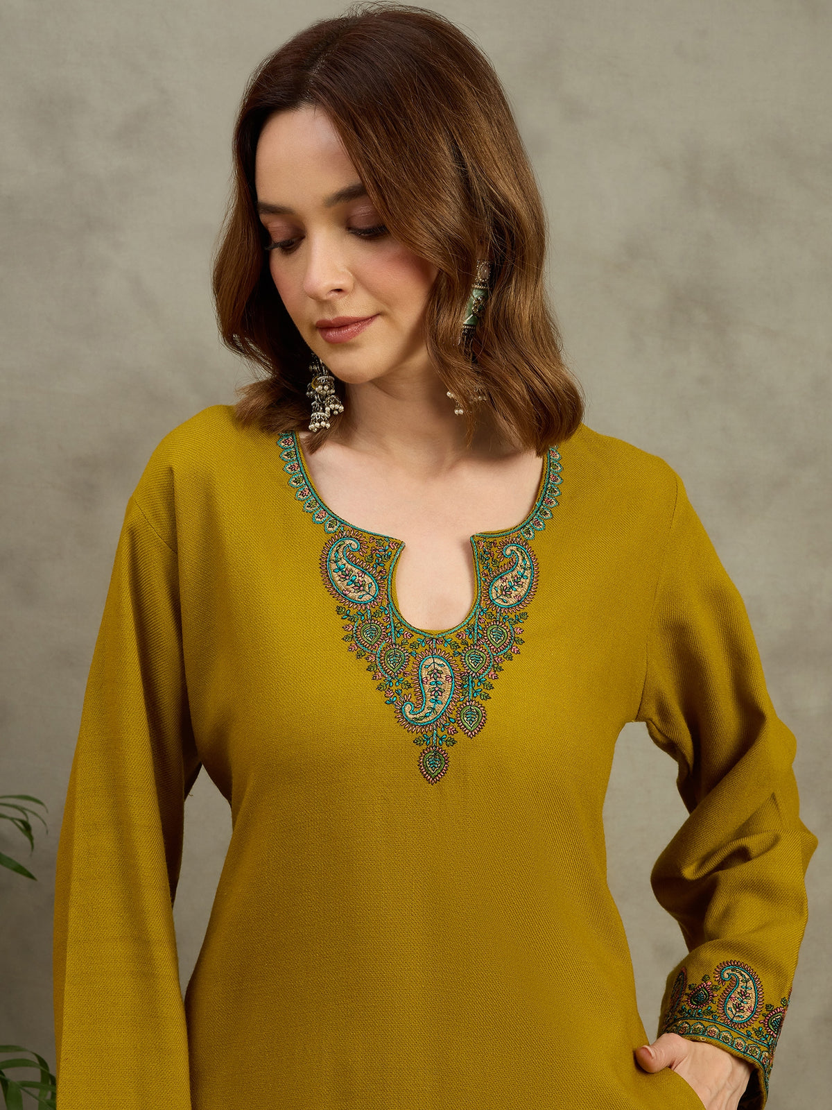 Hooriyan Olive Green Kashmiri Embroidered Woollen Kurta with Pants Set