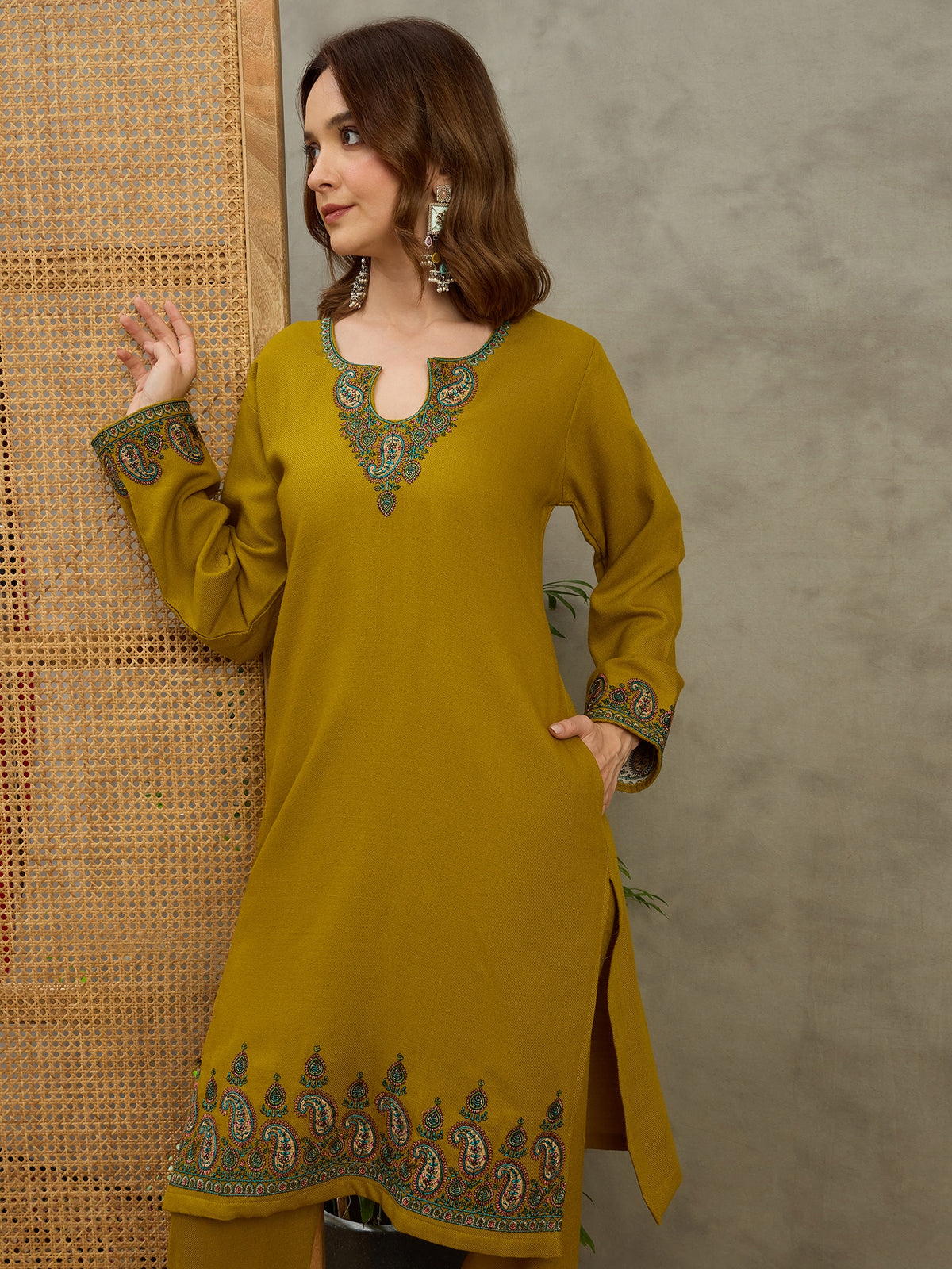 Hooriyan Olive Green Kashmiri Embroidered Woollen Kurta with Pants Set
