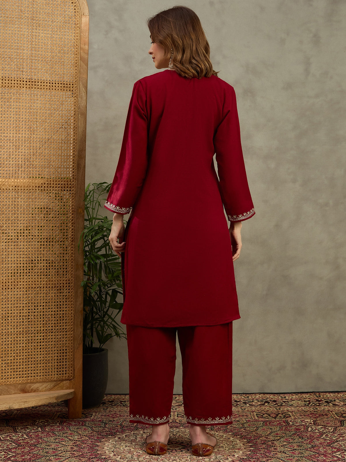 Raisa Marsala Zari Embroidered Kashmiri Woollen Kurta with Pants Set