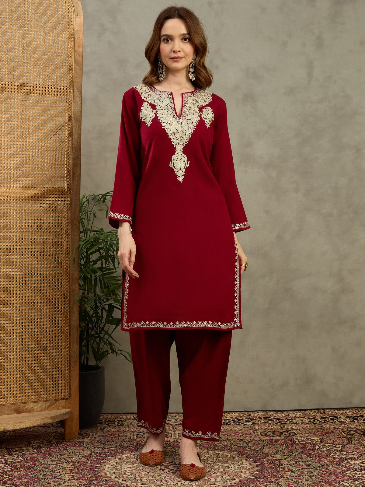 Raisa Marsala Zari Embroidered Kashmiri Woollen Kurta with Pants Set