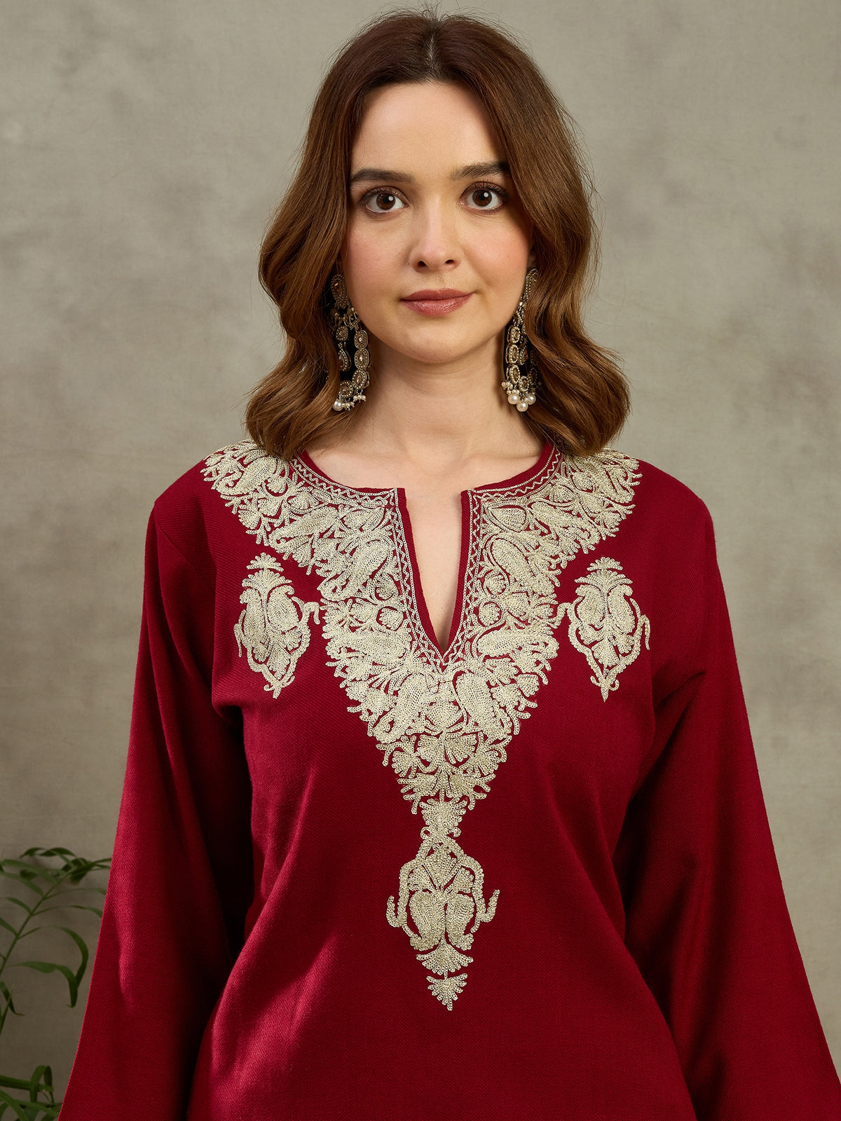 Raisa Marsala Zari Embroidered Kashmiri Woollen Kurta with Pants Set