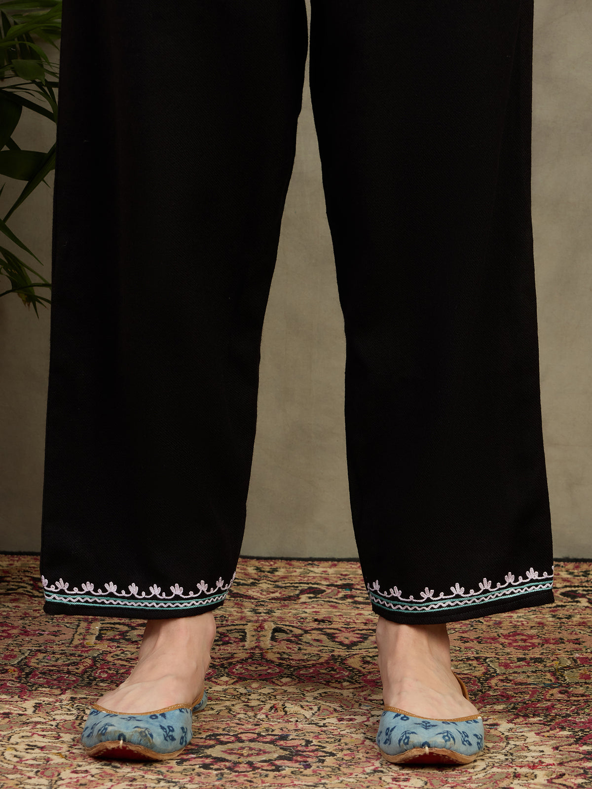 Azeen Black Aari Embroidered Kashmiri Woollen Kurta with Pants Set