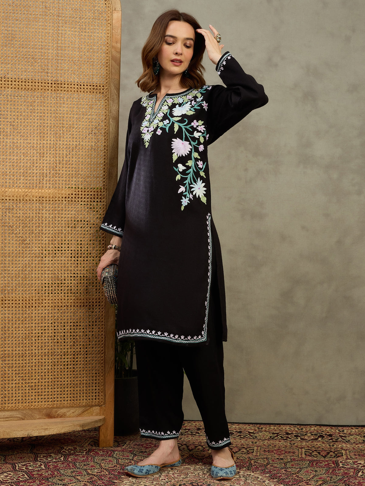 Azeen Black Aari Embroidered Kashmiri Woollen Kurta with Pants Set