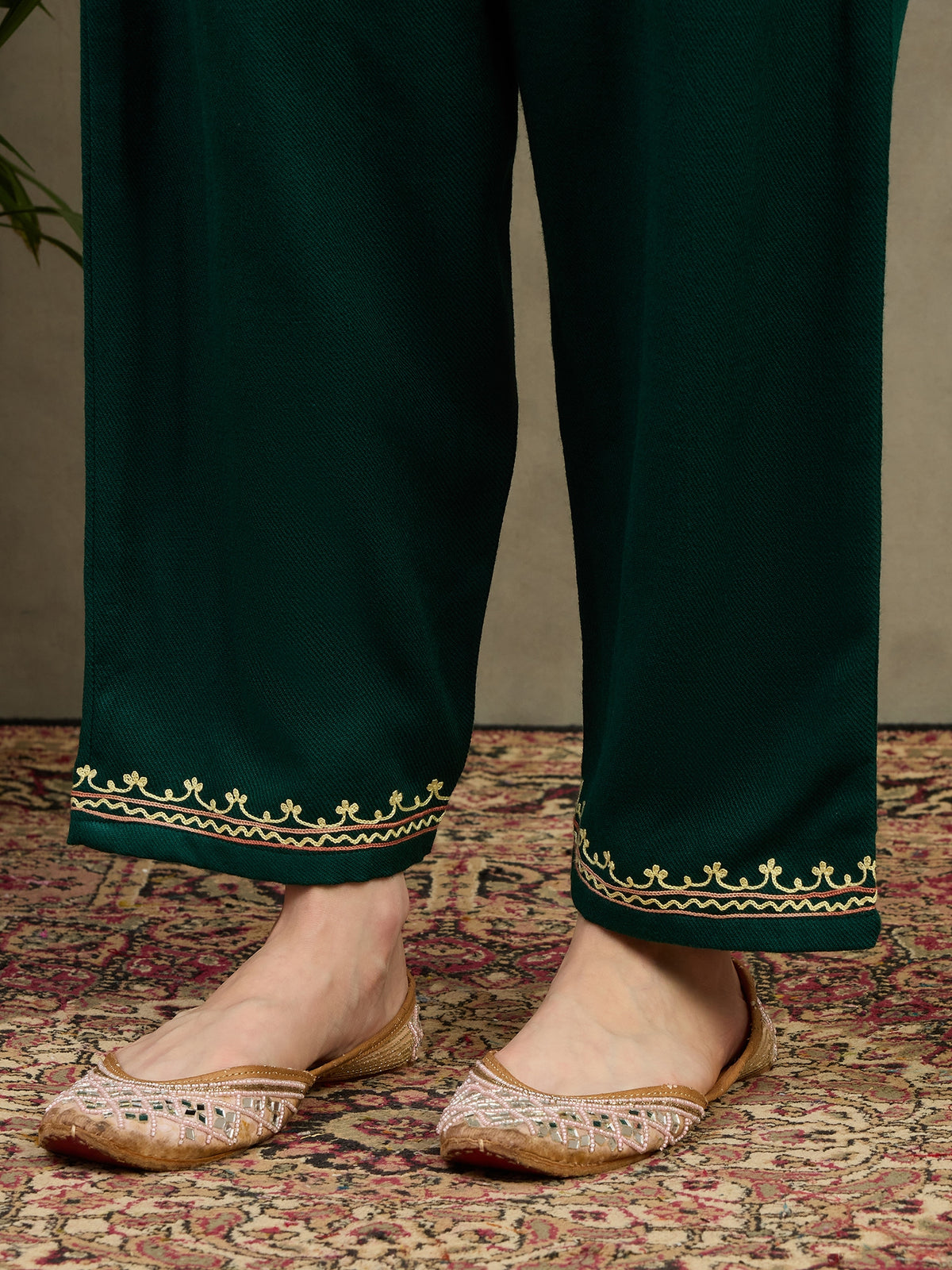 Aya Green Aari Embroidered Kashmiri Woollen Kurta with Pants Set
