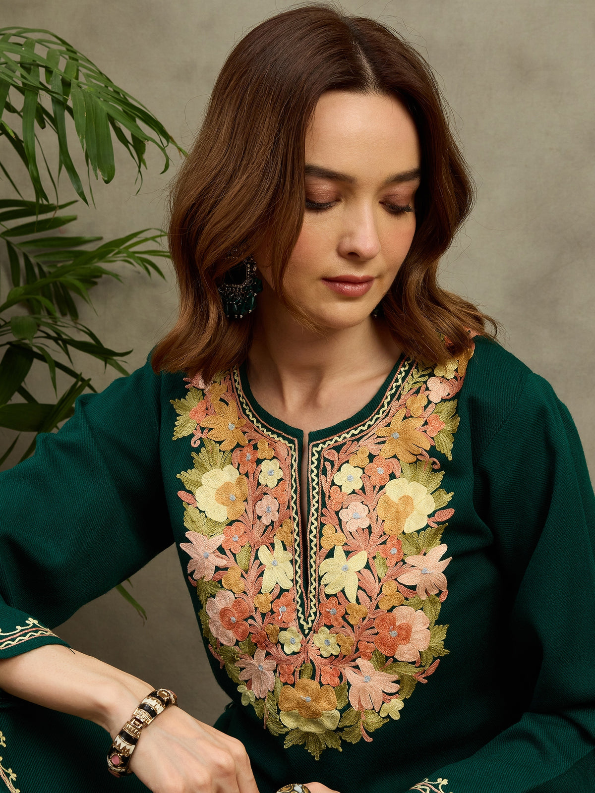 Aya Green Aari Embroidered Kashmiri Woollen Kurta with Pants Set