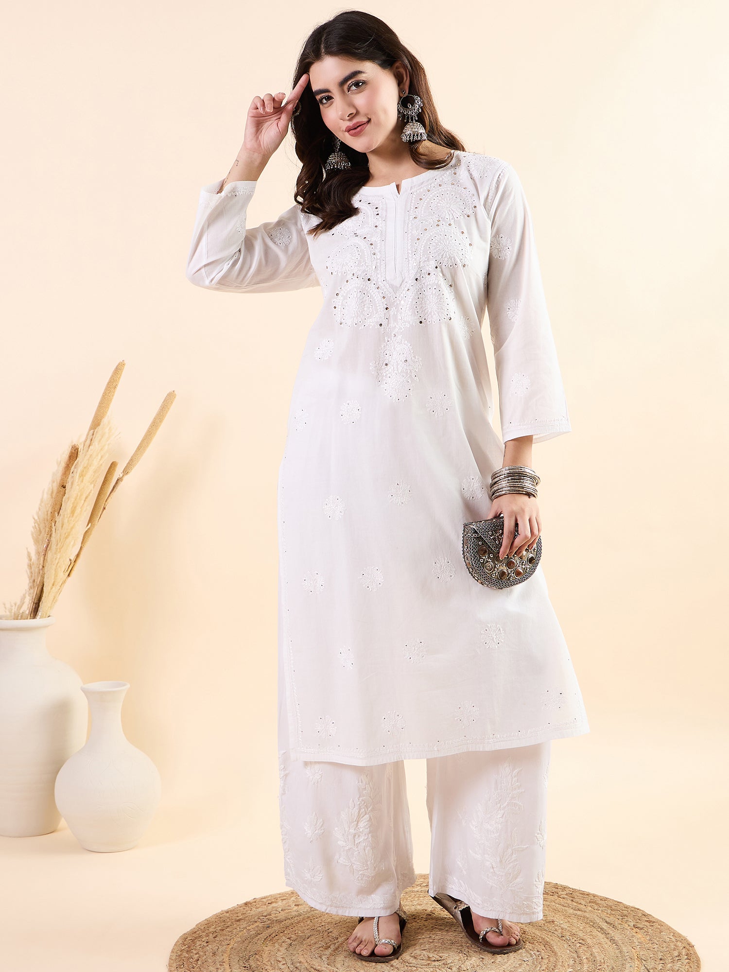 Nazakat Chikankari Mukaish Cotton Kurta
